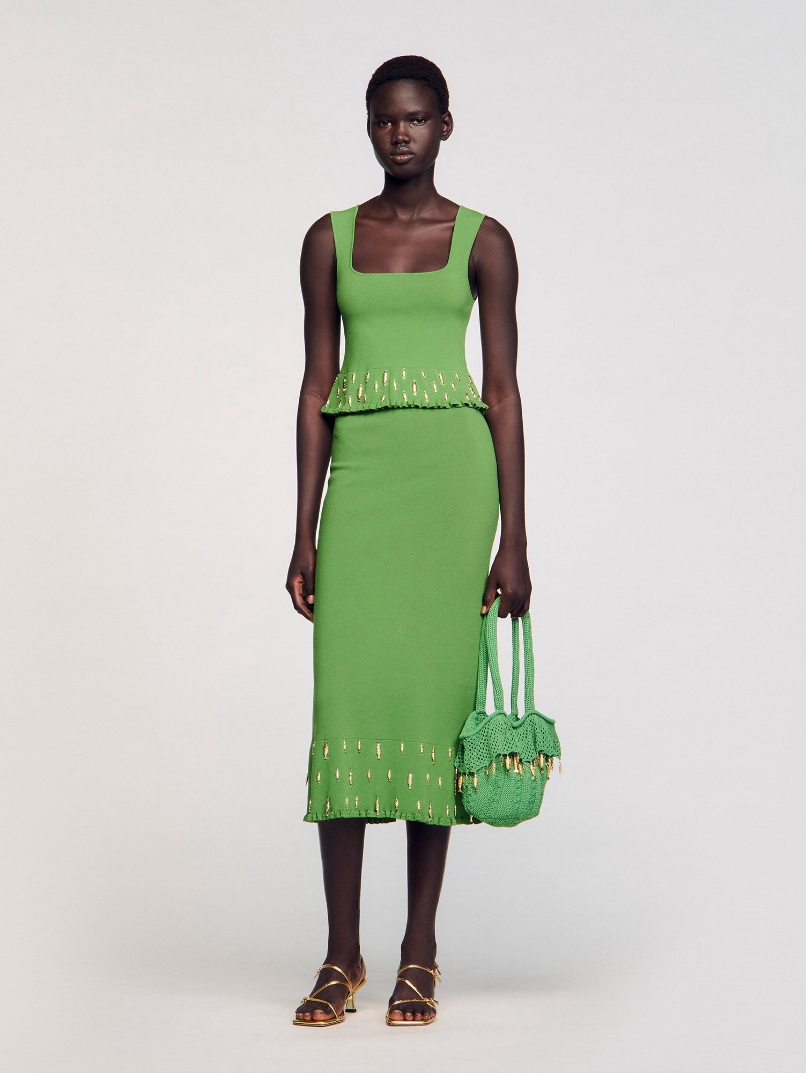 SANDRO アイビーグリーントップス&フレアショートパンツセット Sandro Green Fish Charm Top and Skirt Set by Sandro - Pickle