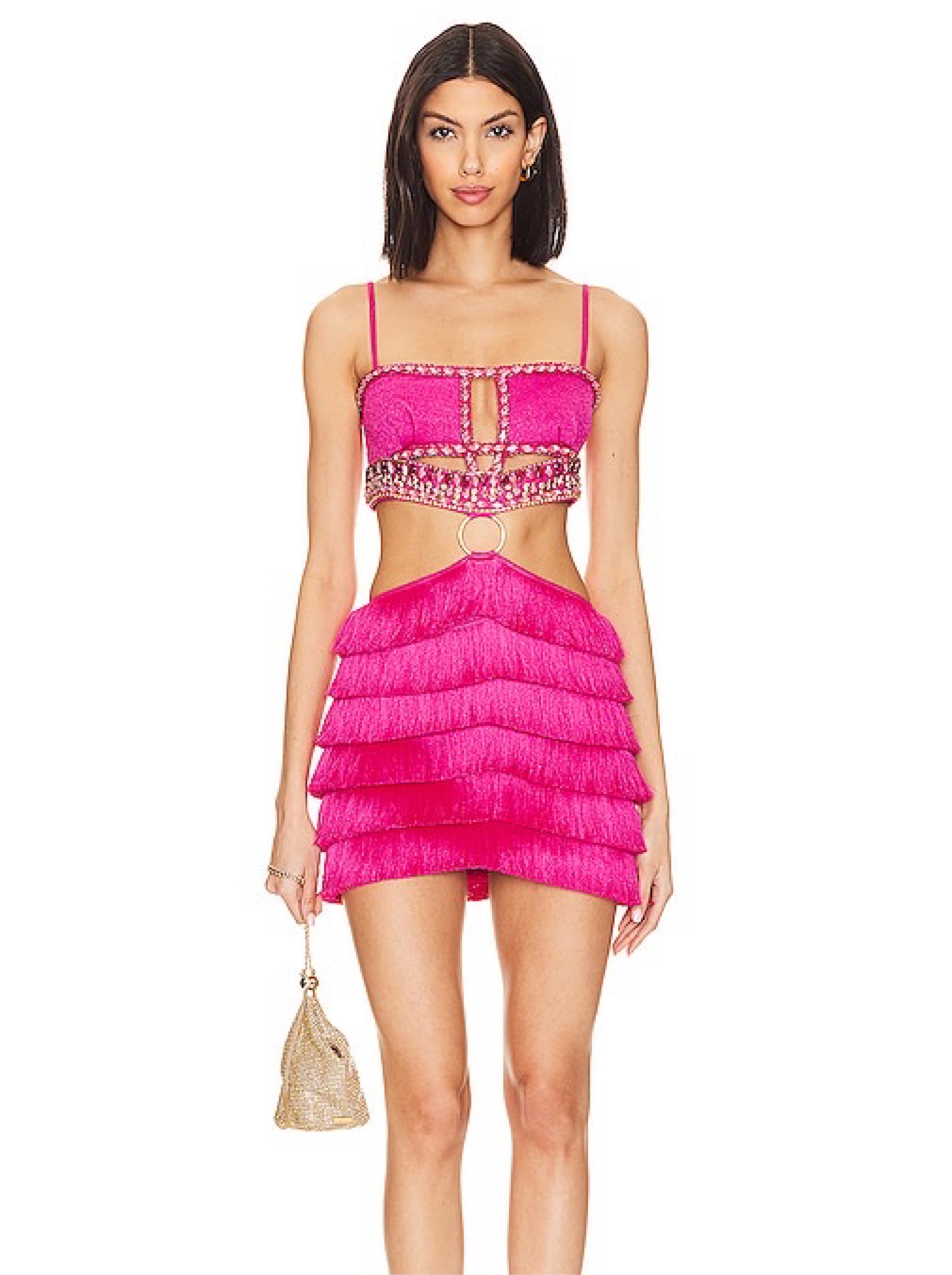 PatBO Beaded Fringe Mini Dress in Pop Pink