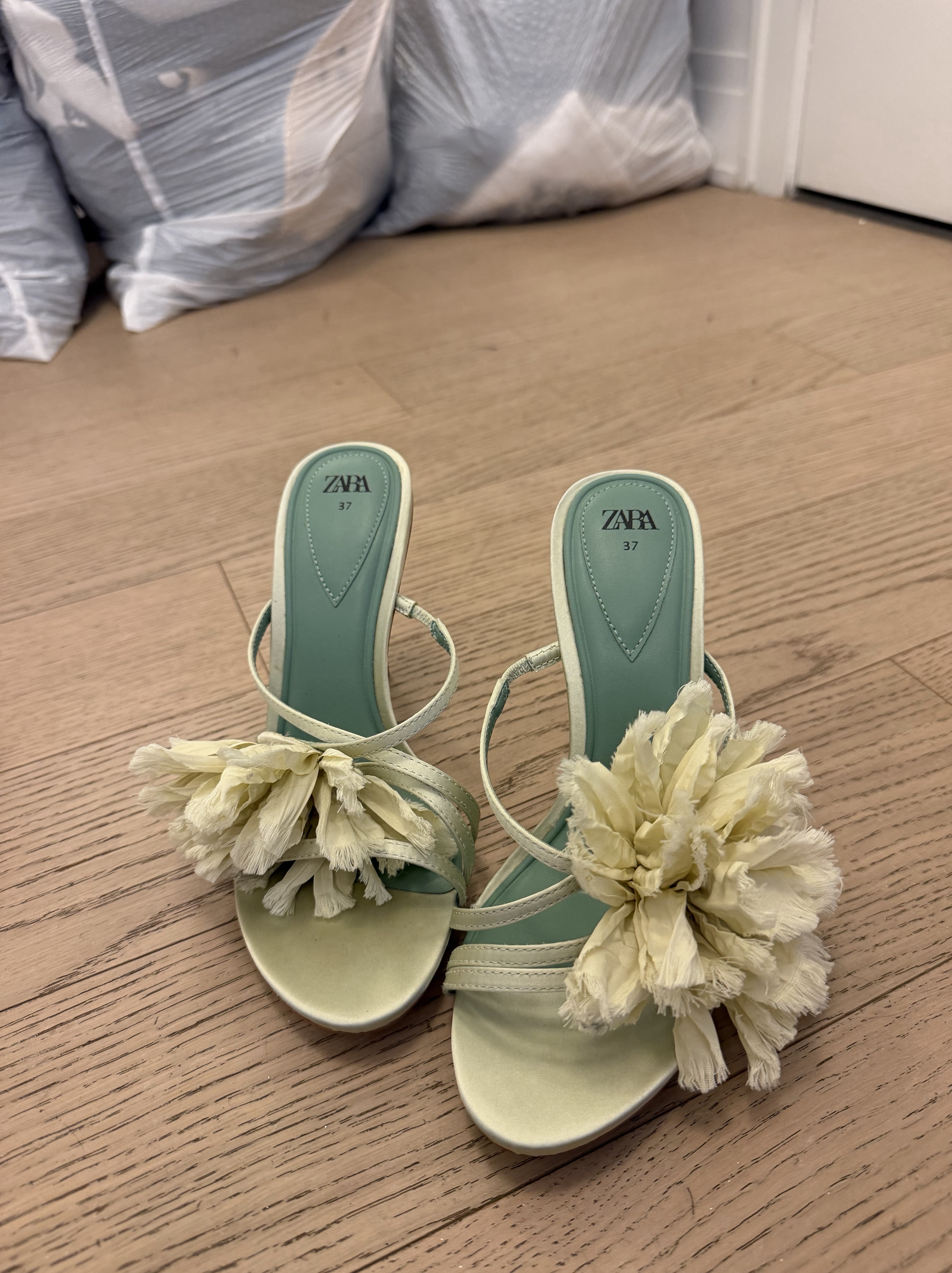Zara Cream Ruffle Pom Heeled Mule