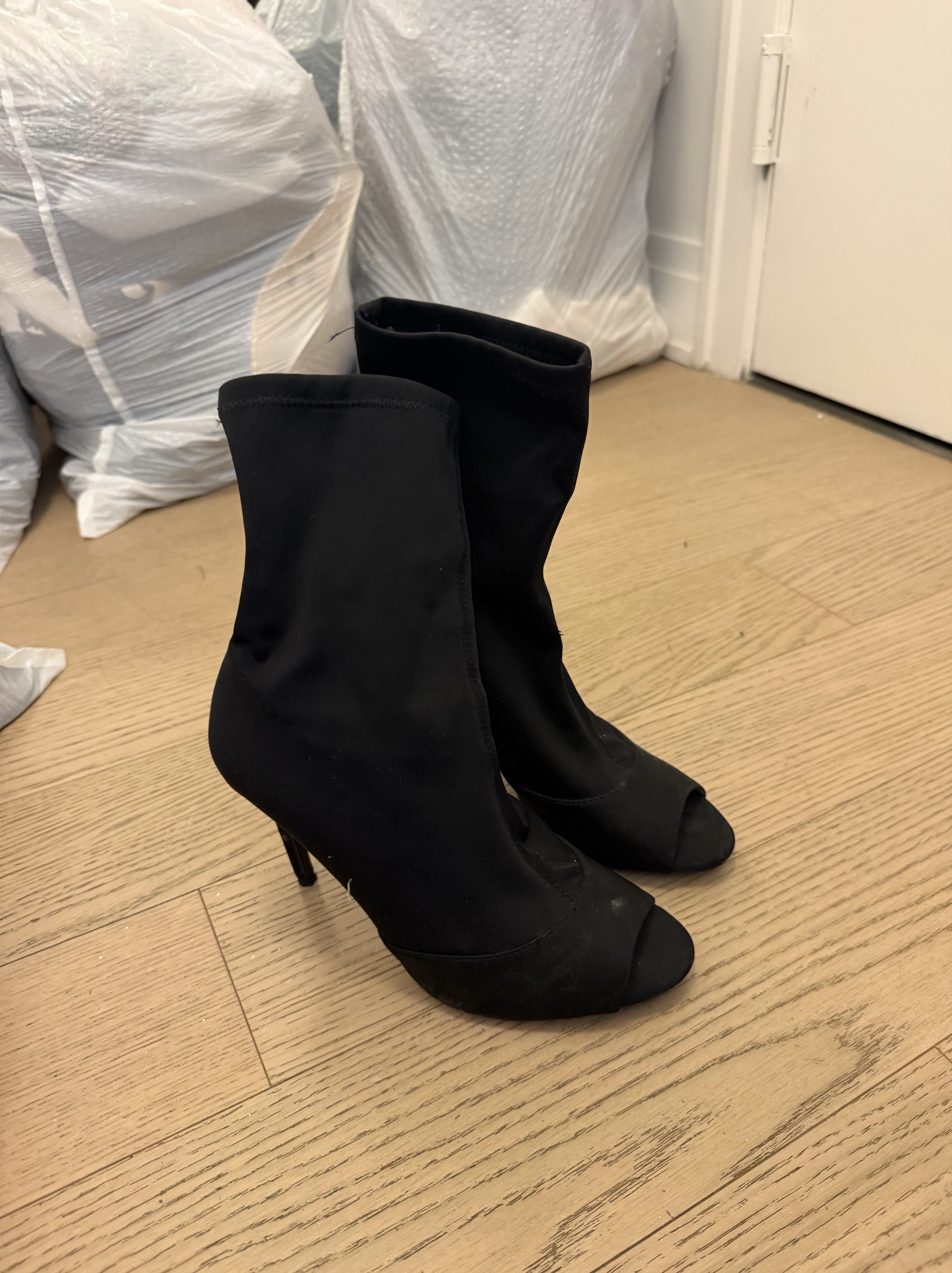 Black Suede Peep-Toe Stiletto Booties