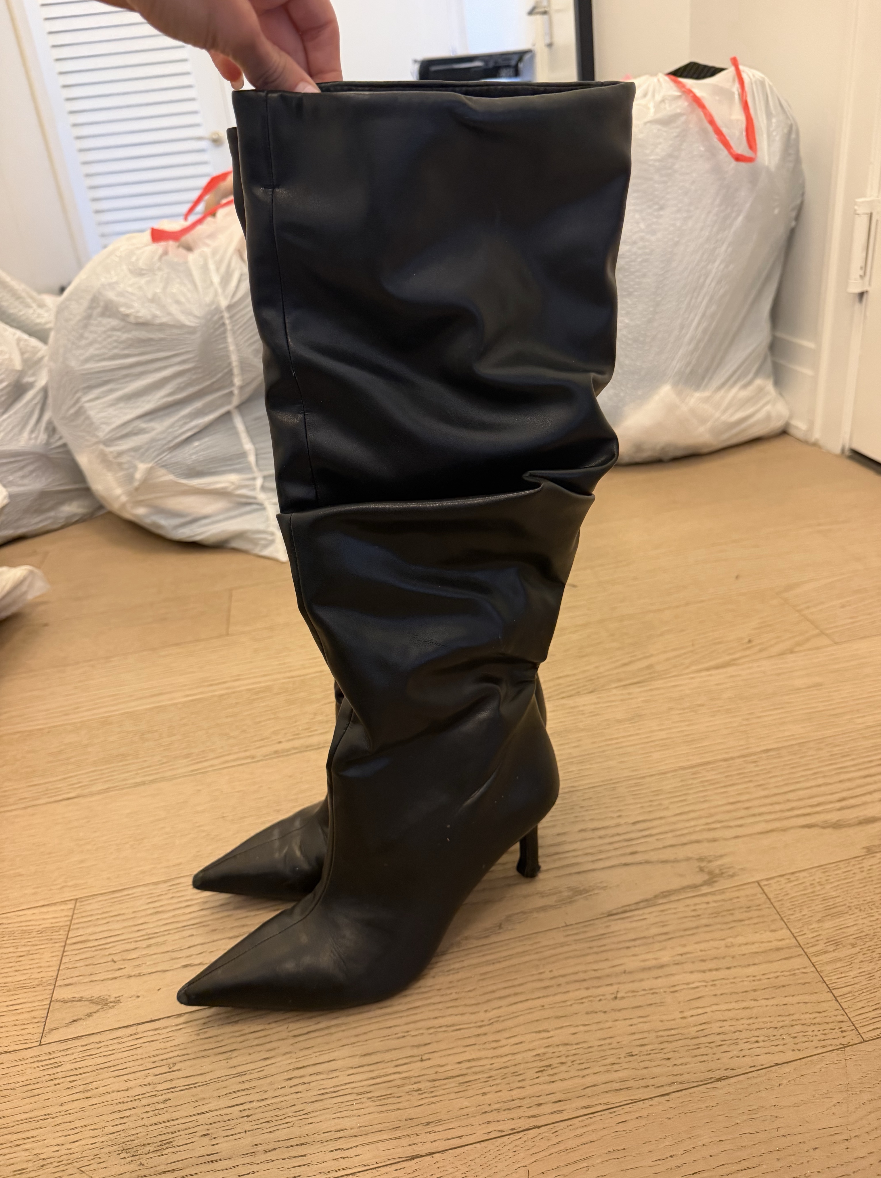 Black Leather Knee-High Slouch Boot