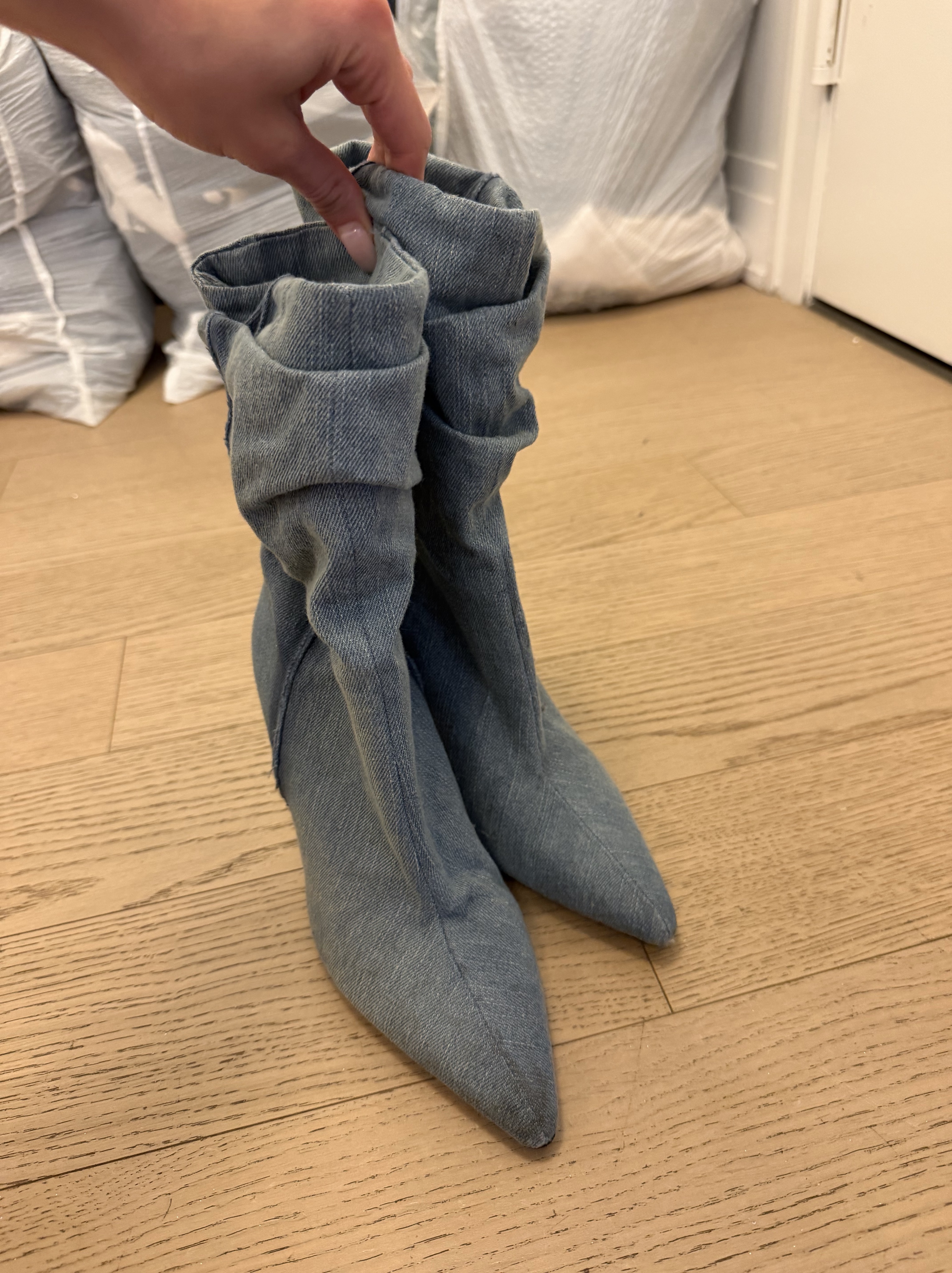 SOLD Gray Denim Ruched Stiletto Booties