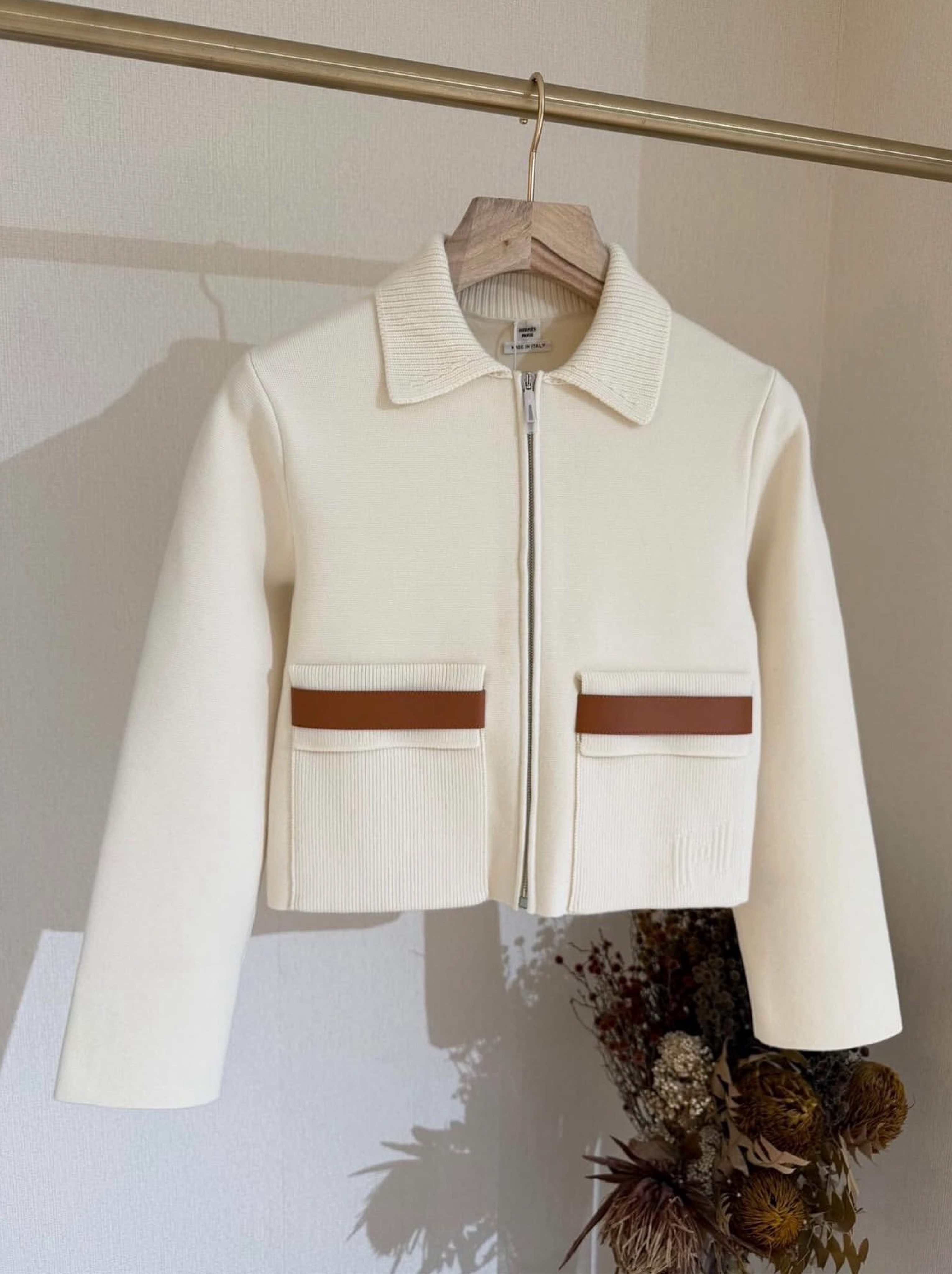 Herm猫s Knit Zip-Up Jacket with Leather Trim