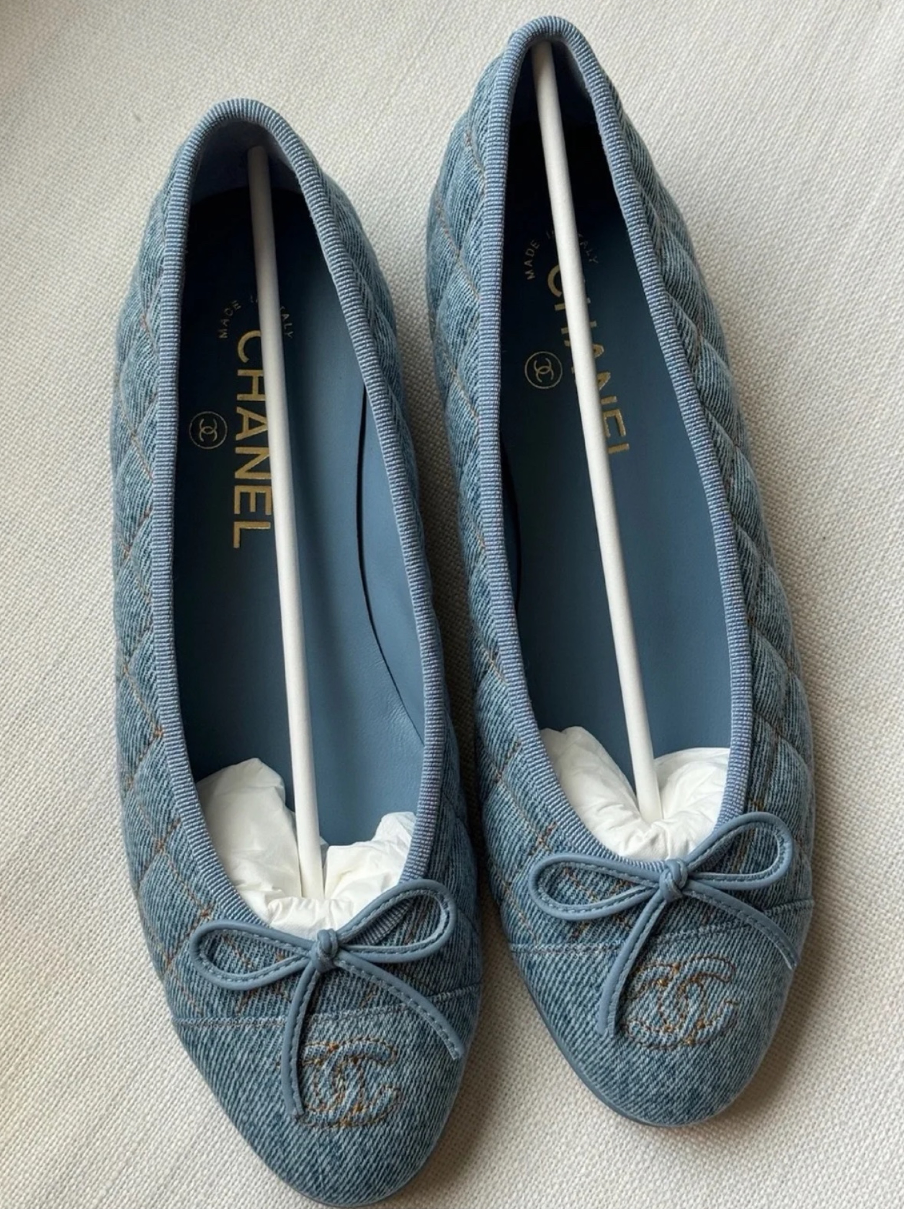 Chanel Light Blue Quilted Denim Ballet Flats Size 38