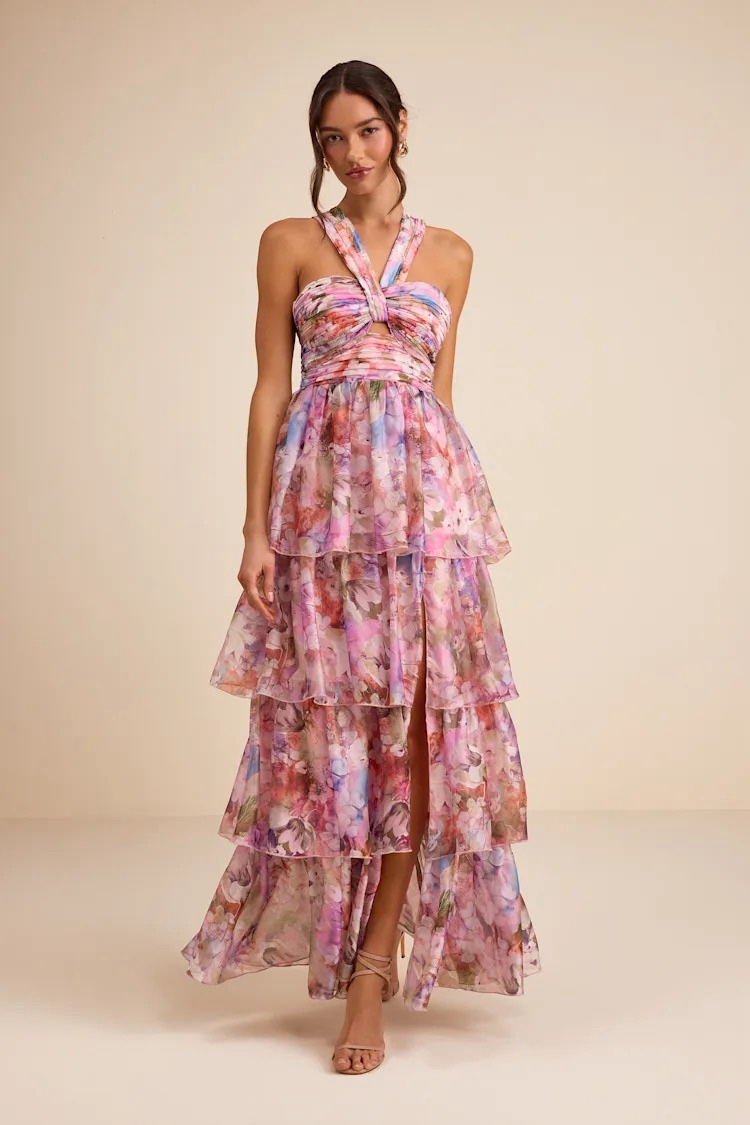 Pink Floral Chiffon Tiered Maxi Dress by Lulus - Pickle Pink Floral Chiffon Tiered Maxi Dress by Lulus - Pickle