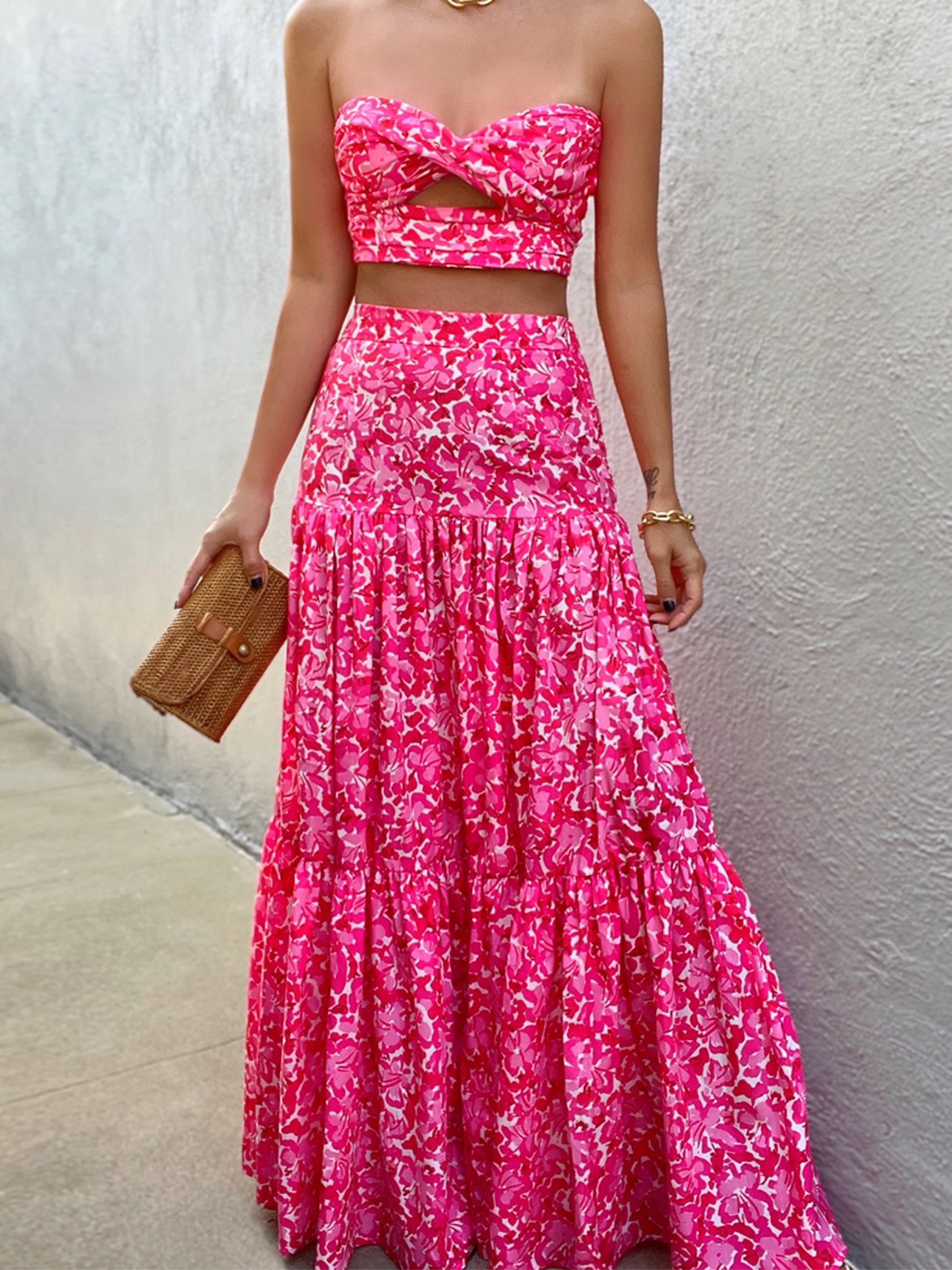 Hot Pink Floral Two-Piece Maxi Dress by RUNAWAY the Label - Pickle Hot Pink Floral Two-Piece Maxi Dress by RUNAWAY the Label - Pickle