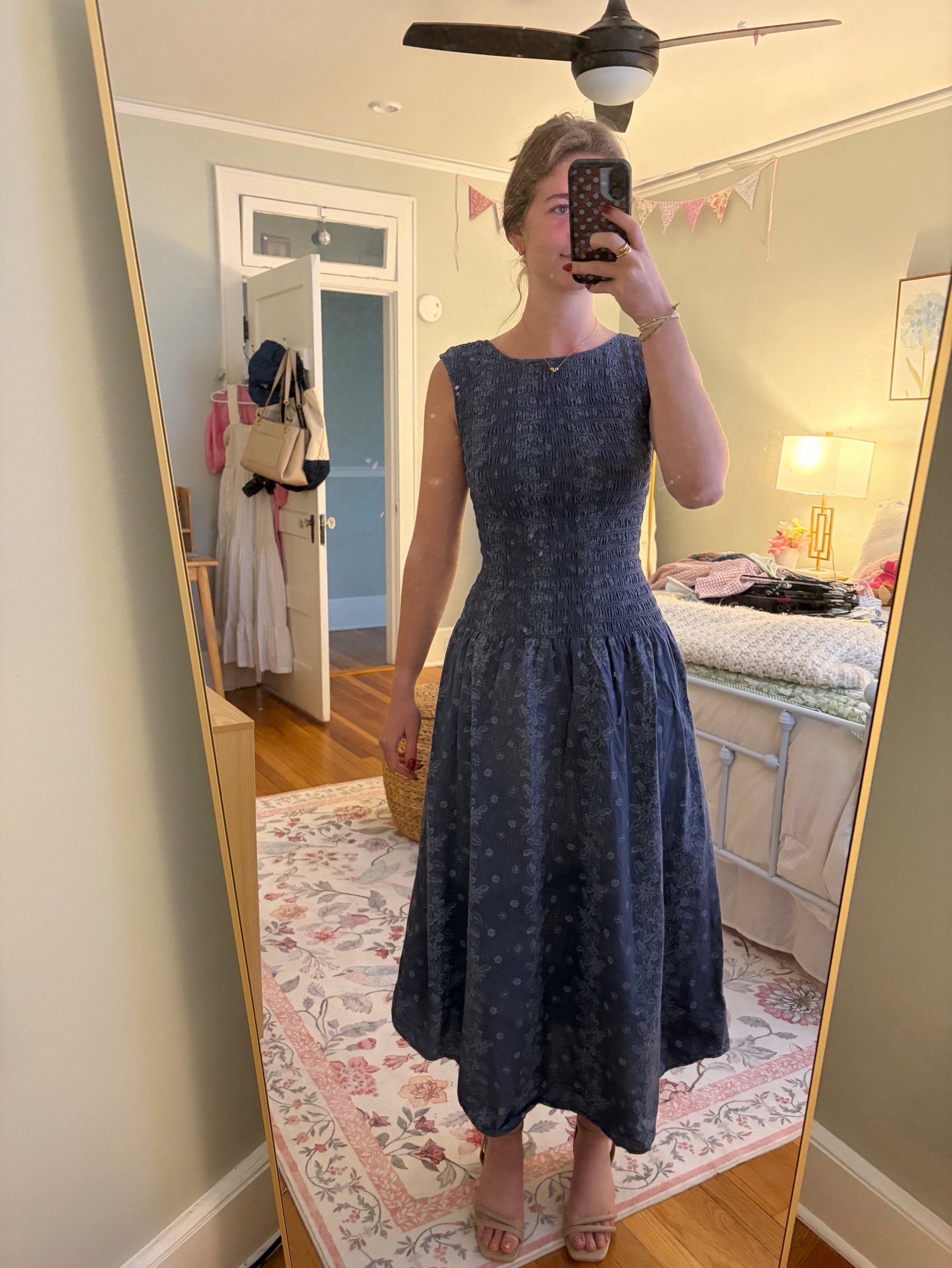 universal thread blue dress Navy Floral Textured Midi by Silhouette: Tiered Skirt Sister Jane Embellished Collar relaxed look Colour:WHITE