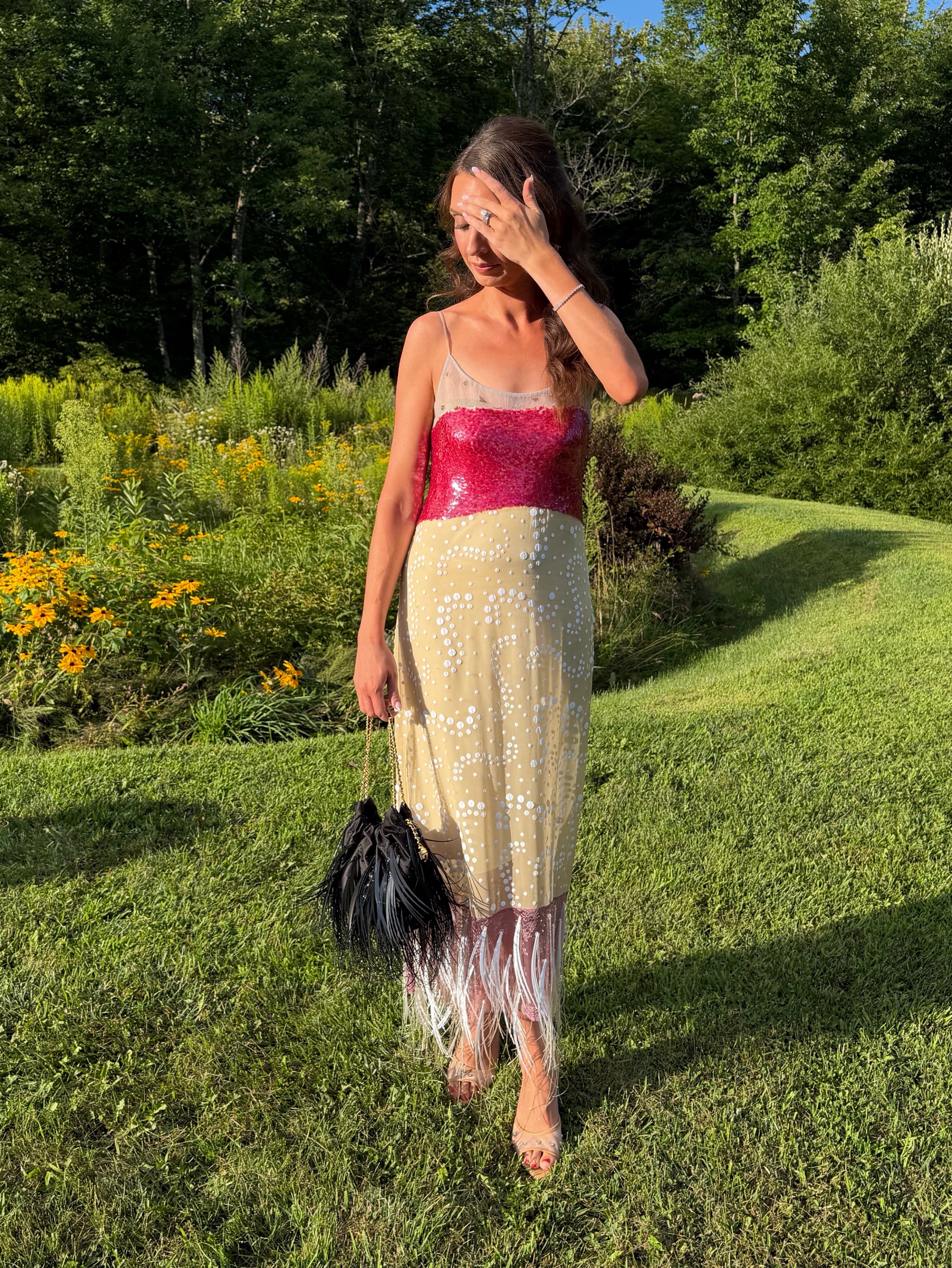 Tory Burch Sequin Embellished Feather Midi Dress | Size 2-4