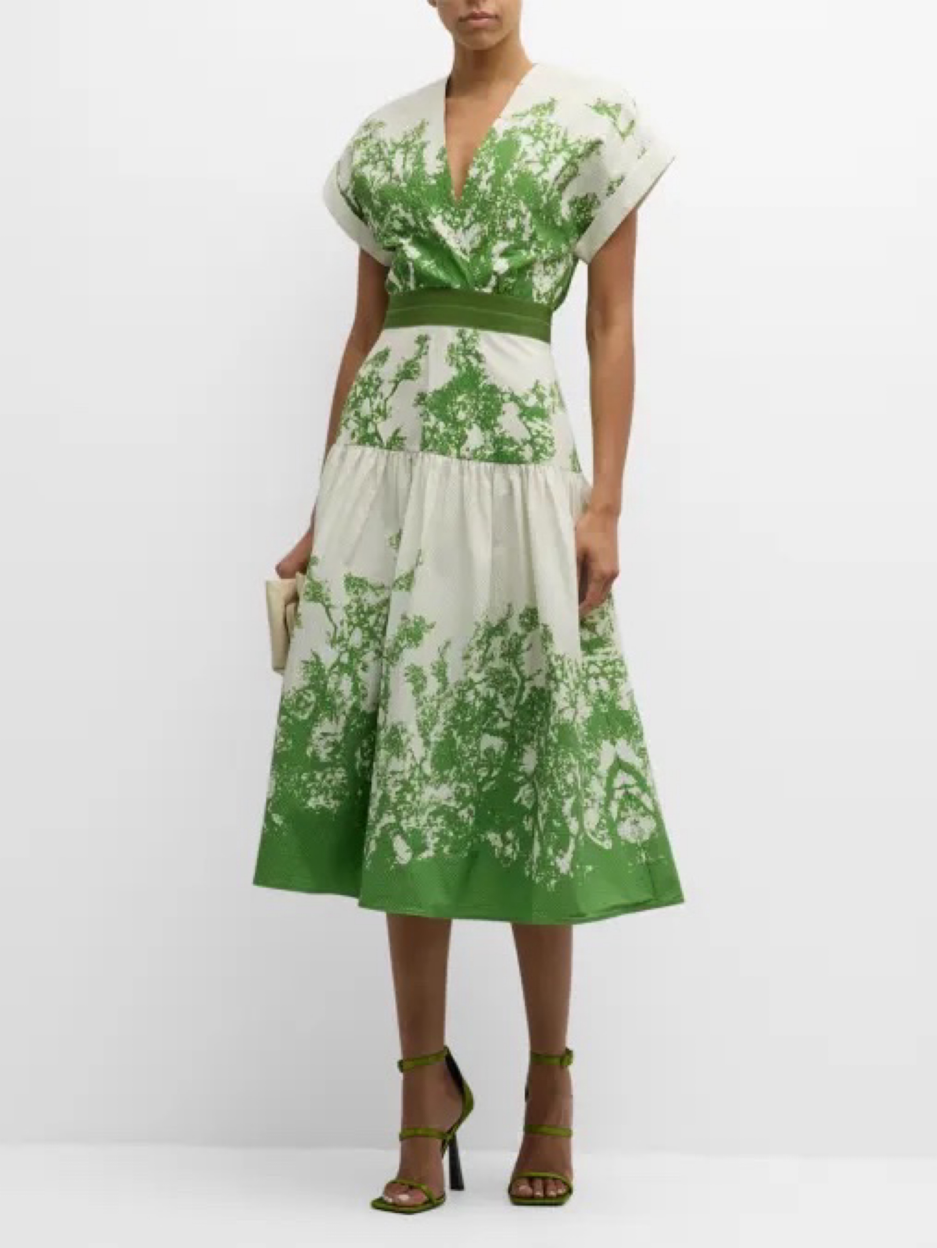Green and Cream Floral Print Midi Dress
