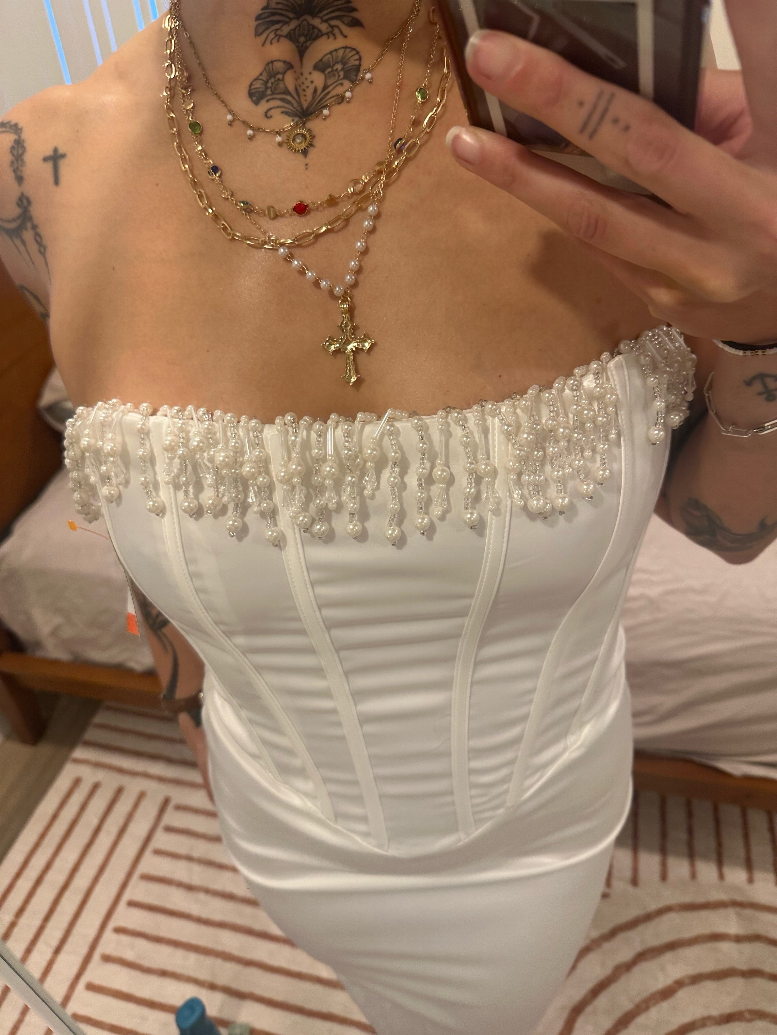 bridal white corset pearl trim bodycon dress Ivory Corset Midi Dress with Pearl Fringe - Strapless Satin Pencil Gown for Bridal Rehearsal, Cocktail Party & Formal Events