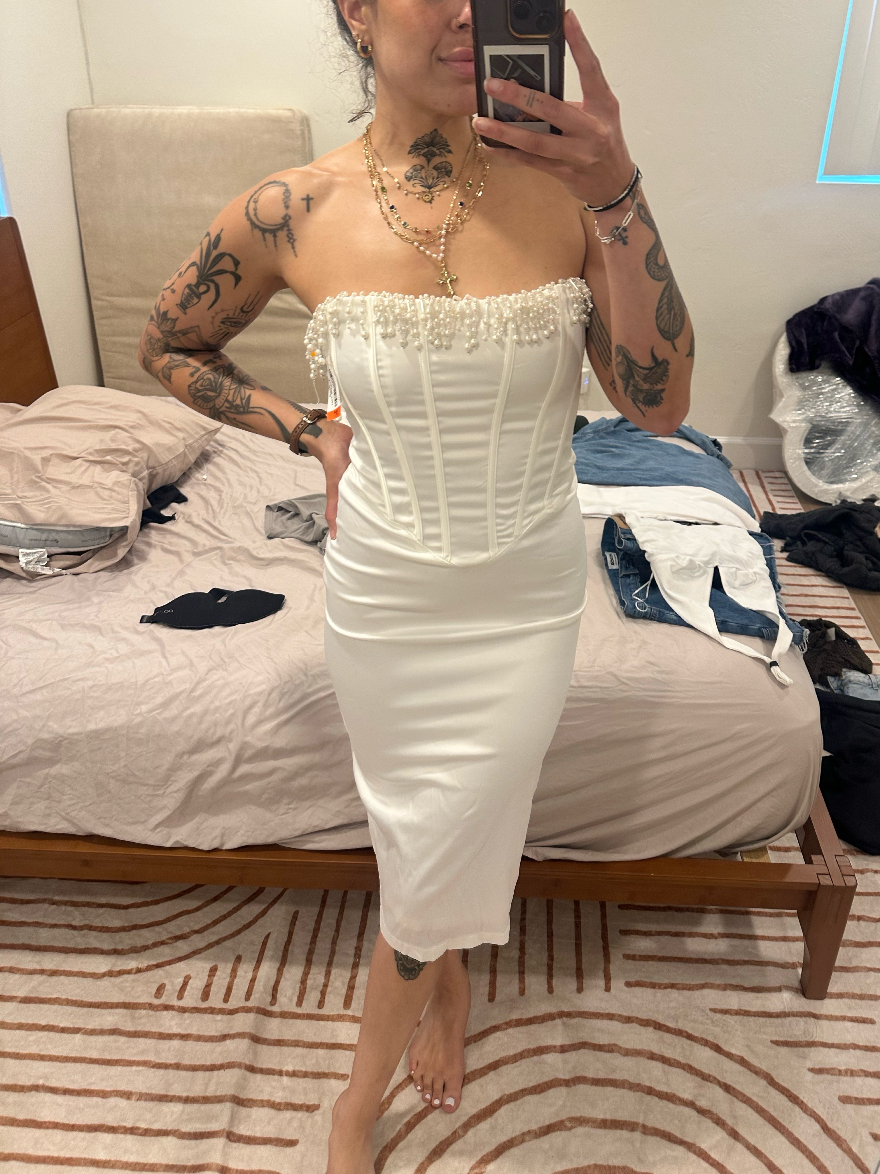bridal white corset pearl trim bodycon dress White Lace Embroidered Elegant Evening Gown, Sequin Pearl Corset Bodycon Fishtail Dress, Sexy Wedding Dress, Ceremony, Luxurious Banquet Party