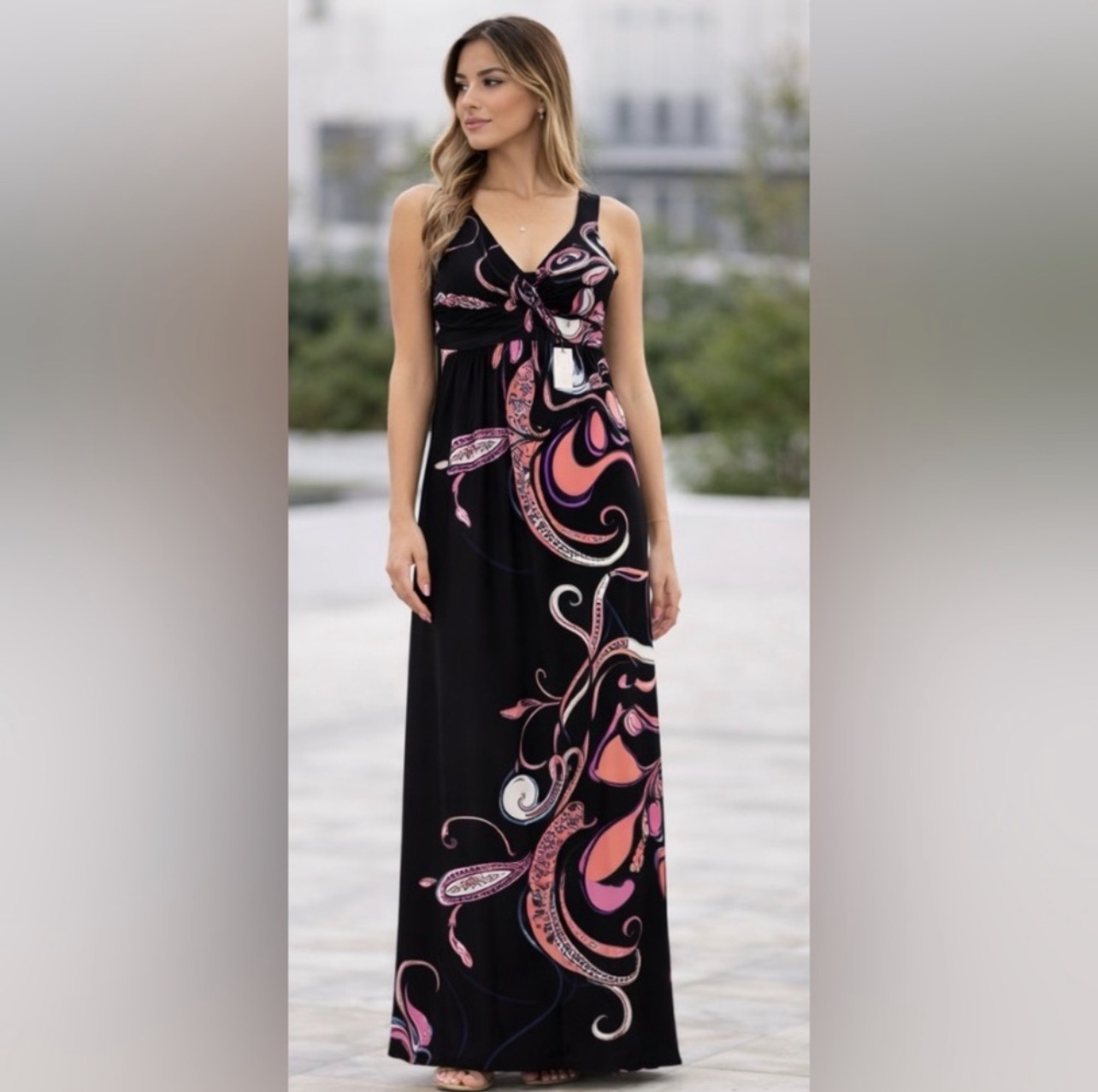 T Tahari Floral Paisley Baroque Maxi Dress XS Black Pink Twist Front Bodycon Sleeveless by T Tahari - Pickle T Tahari Floral Paisley Baroque Maxi Dress XS Black Pink Twist Front Bodycon Sleeveless by T Tahari - Pickle