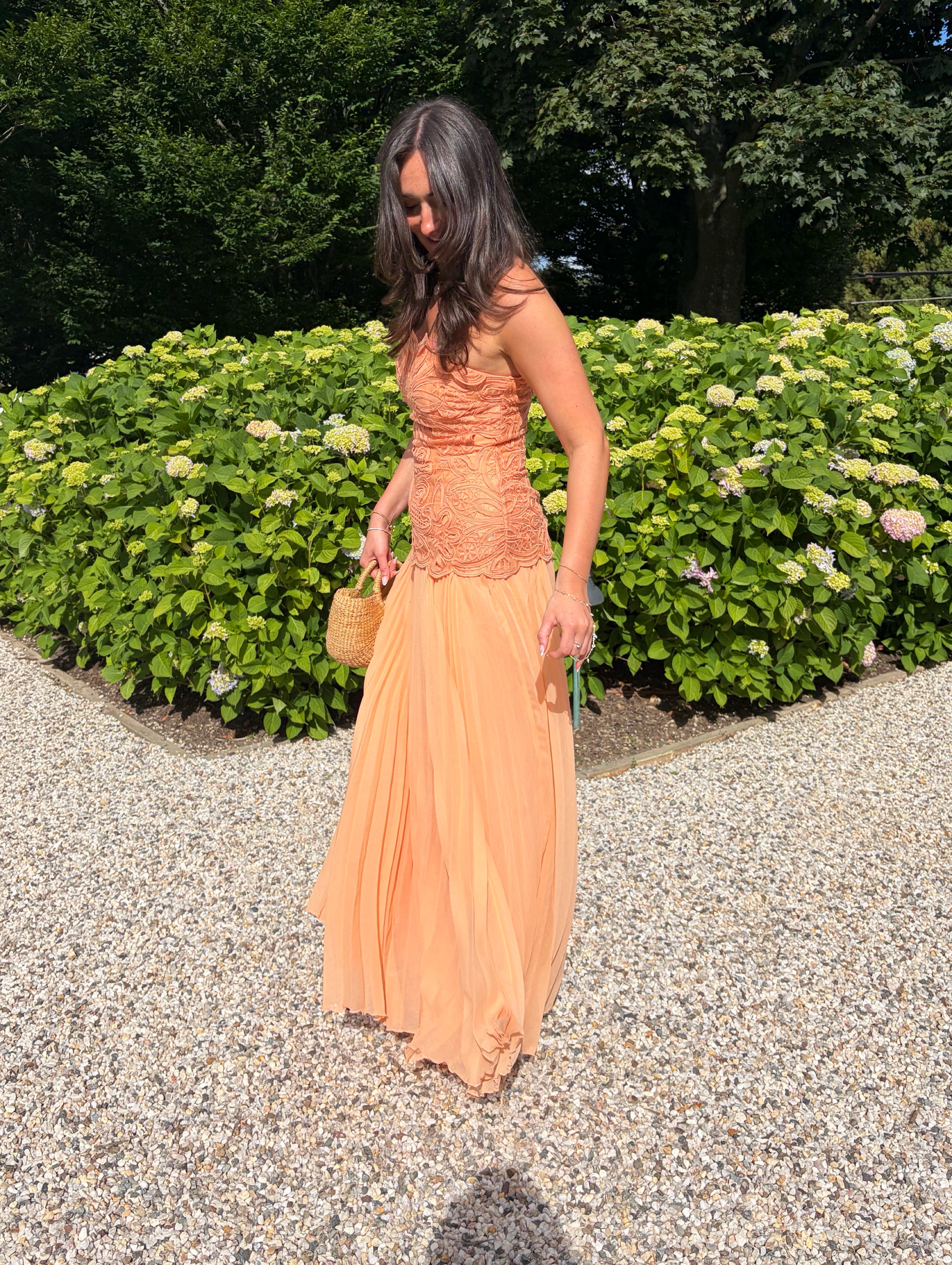 peach pleated maxi dress DOROTHEA PEACH FUZZ SILK PLEATED DRESS | CULT MIA