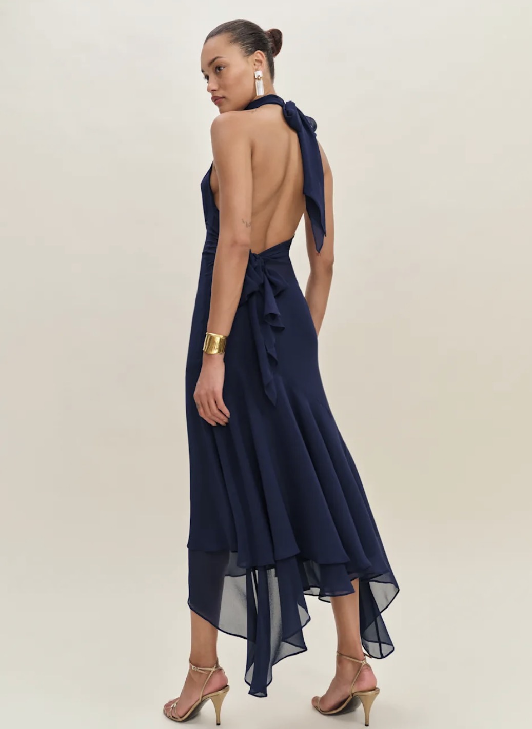 Reformation Navy Halter Chiffon High-Low Dress by Reformation - Pickle Reformation Navy Halter Chiffon High-Low Dress by Reformation - Pickle