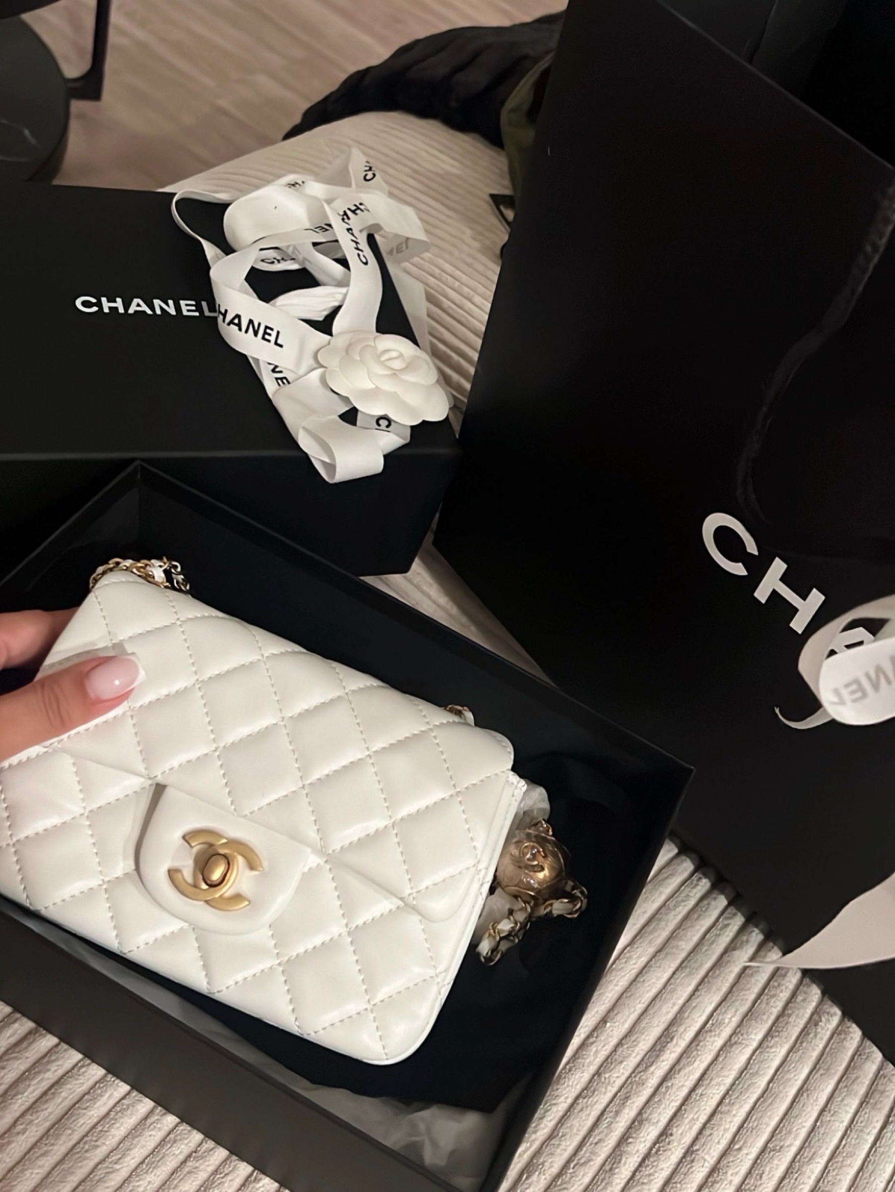 Chanel White Classic Mini Square Pearl Crush Flap Bag by Chanel