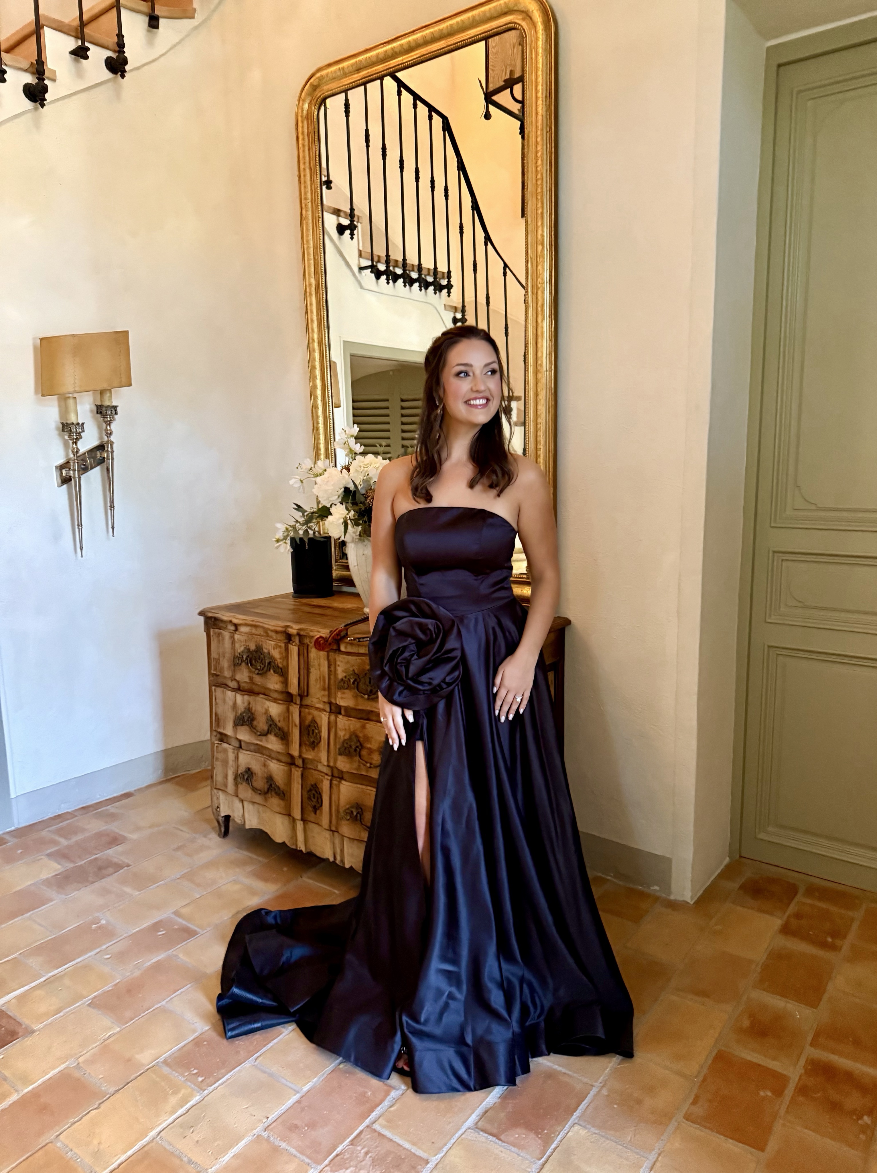 Black Satin Strapless Evening Gown