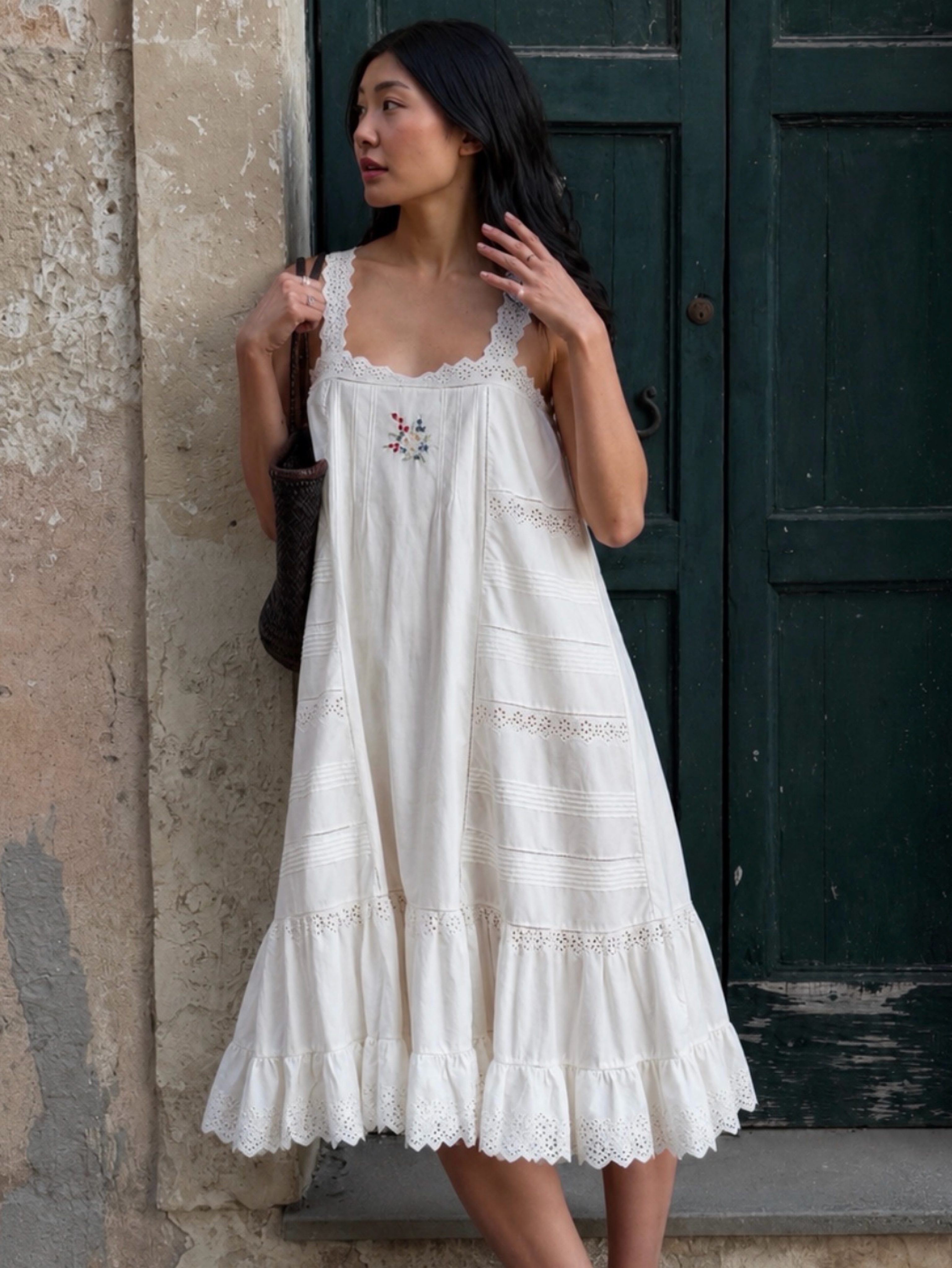 Doen Symphony Embroidered Midi Dress in Salt