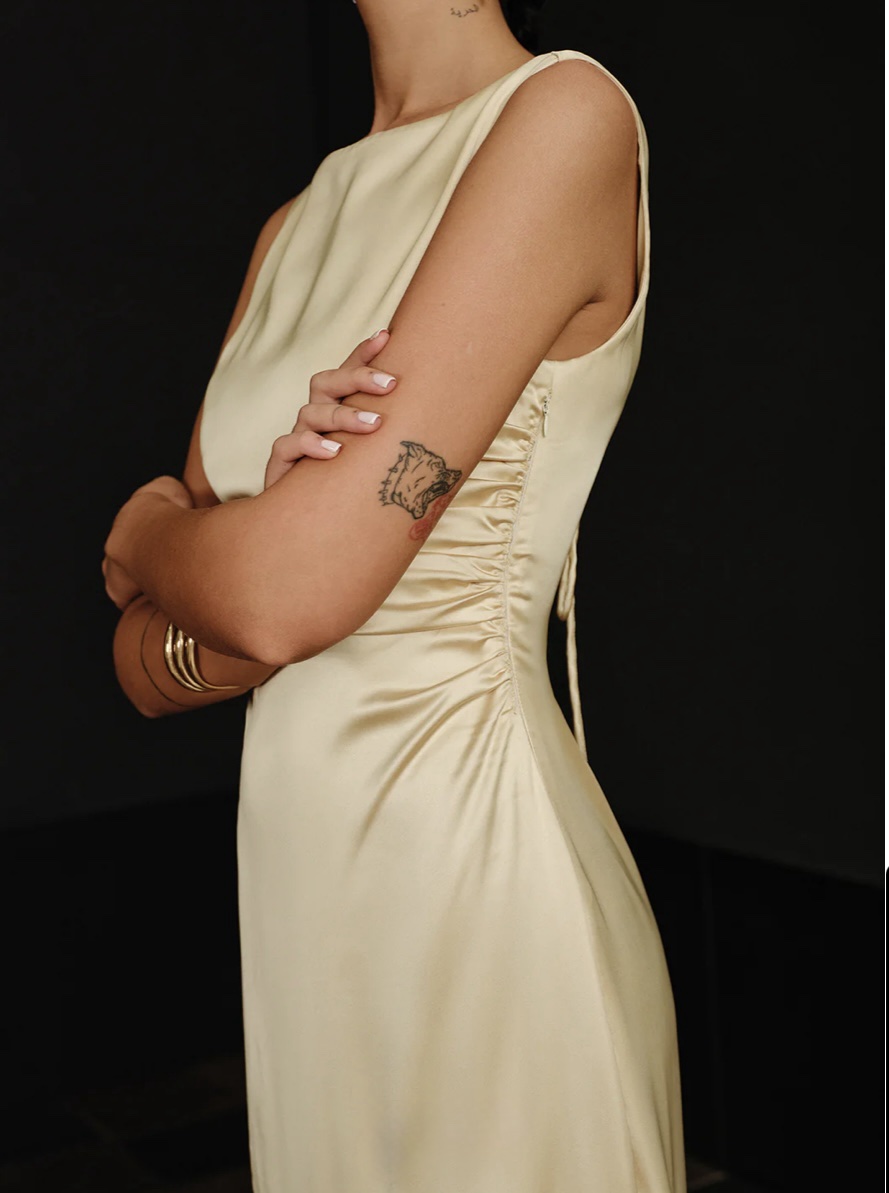 gold silk dress midi Gold Metallic Tie Neck Midi Dress self-portrait-US