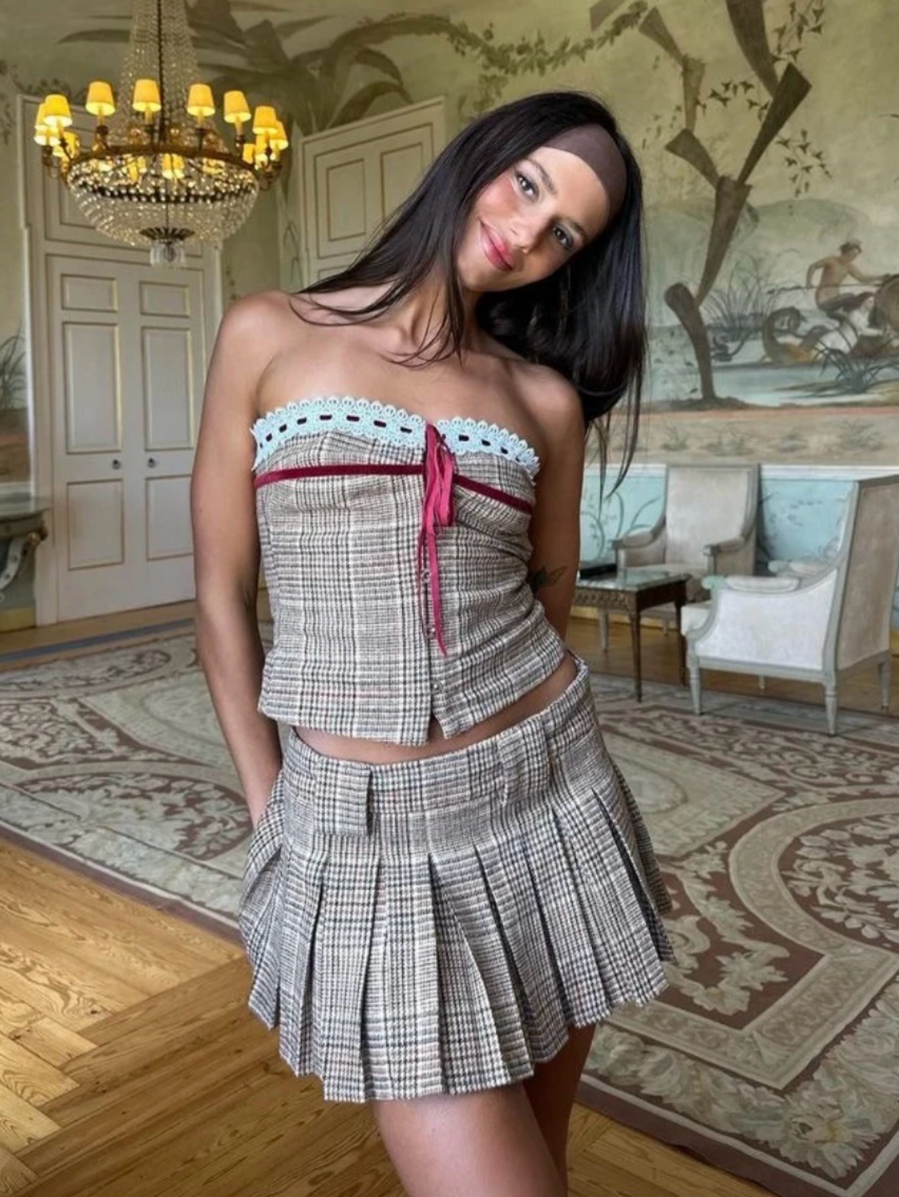With Jean Set Sabrin Corset Top & Hudson Plaid Mini Skirt