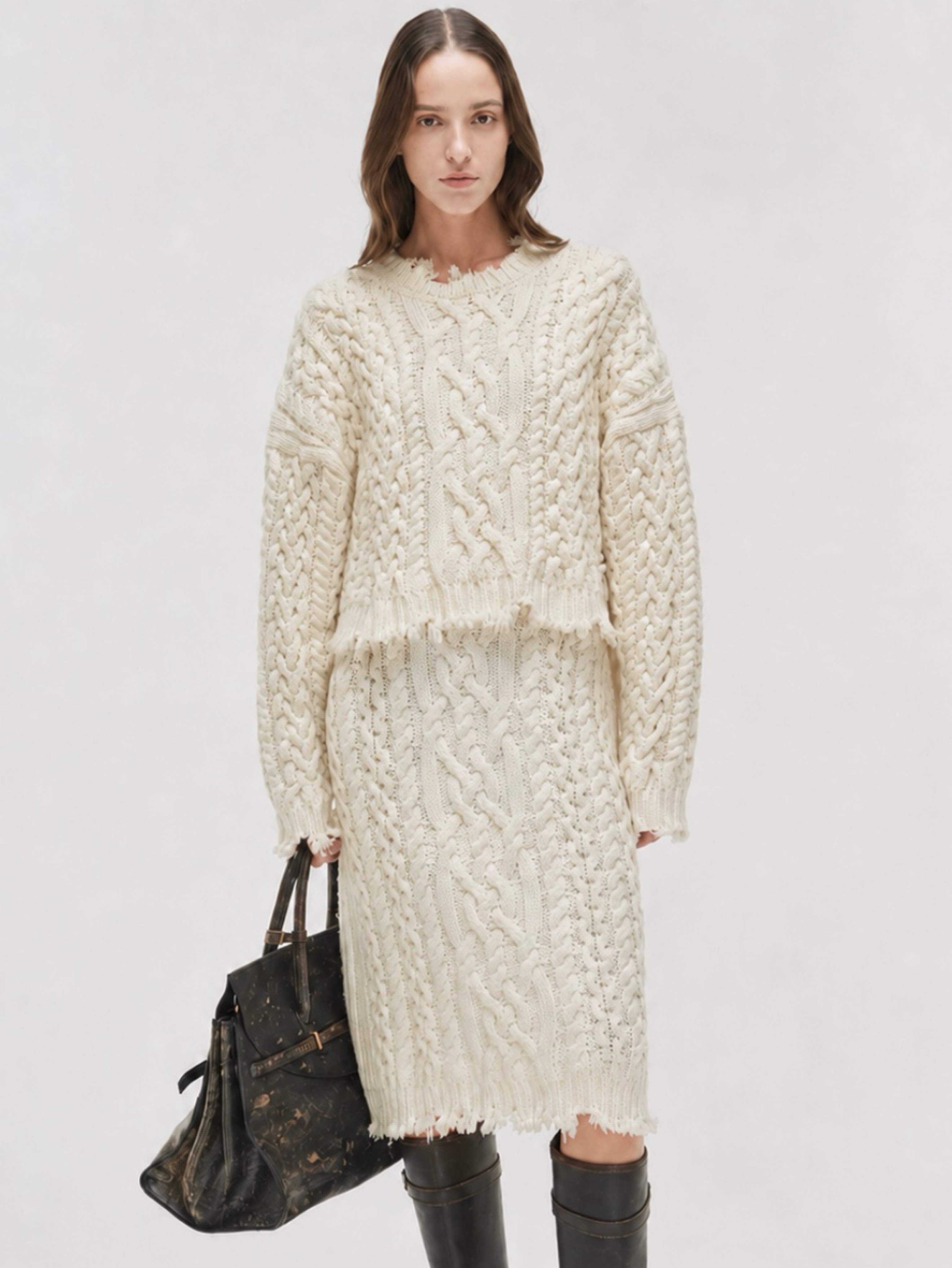 New SIMKHAI Barioni Ivory Cable Knit Wool Midi Skirt