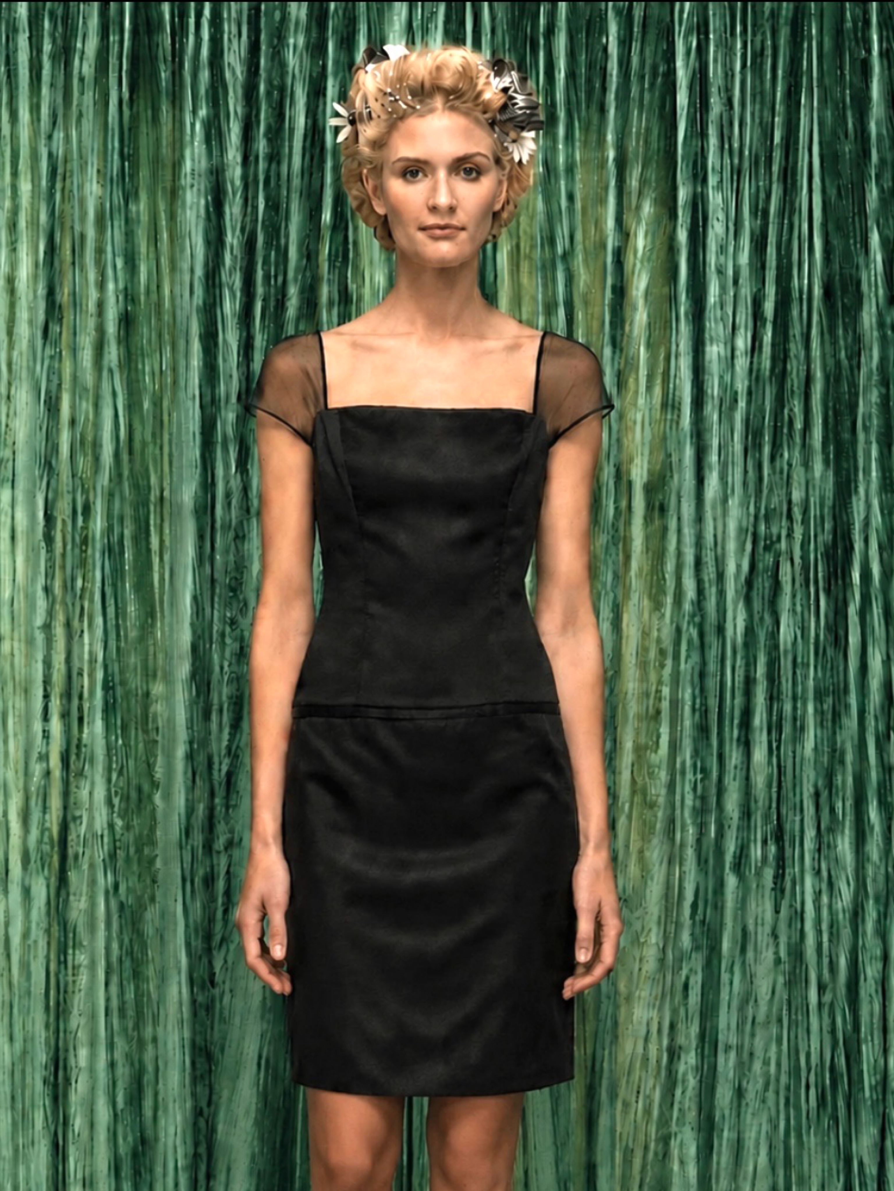 Reem Acra Black Silk Square Neck Mesh Sleeve Sheath Dress