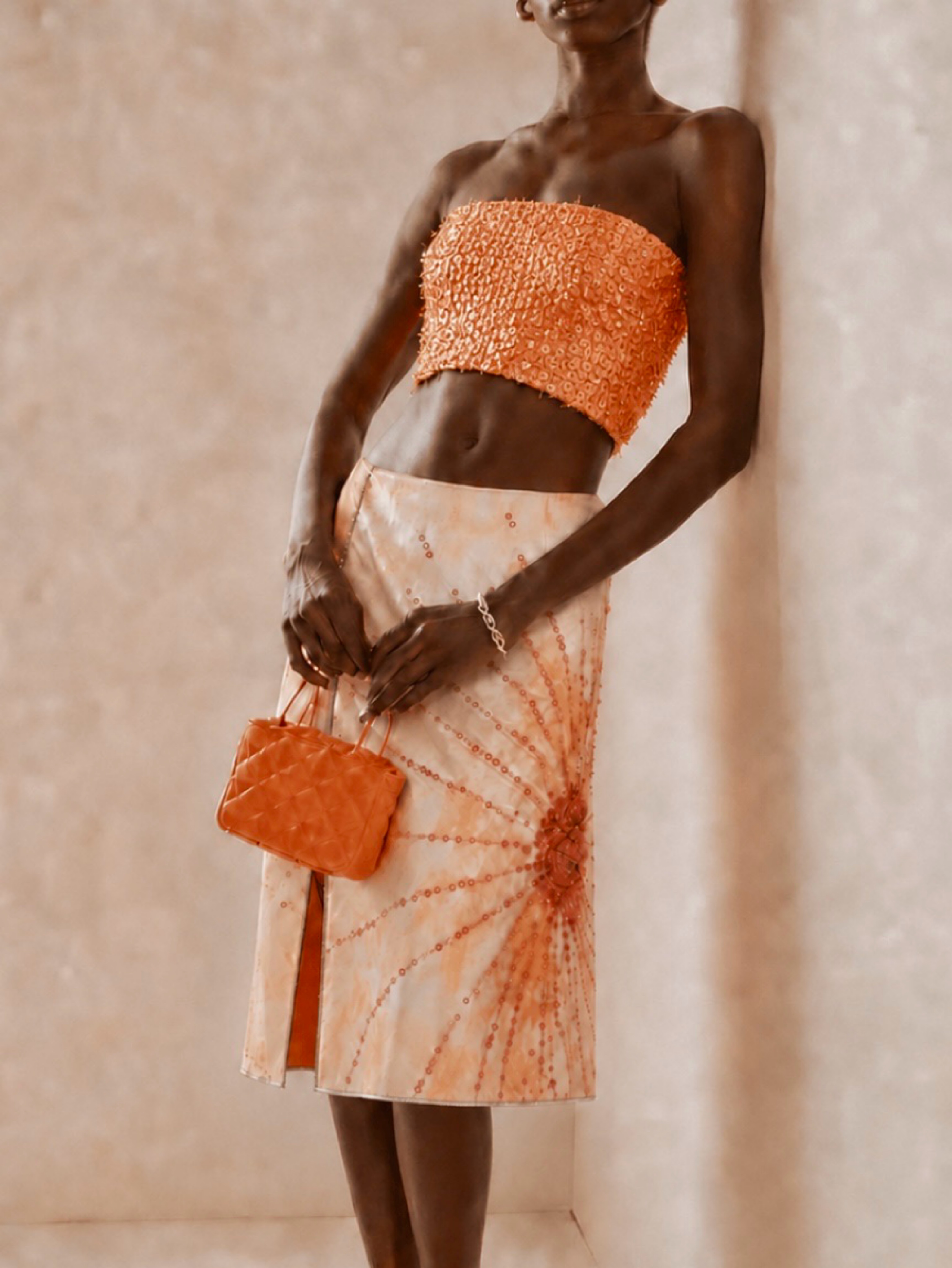 Des Phemmes Set Orange Sequin Top & Crystal Silk Skirt