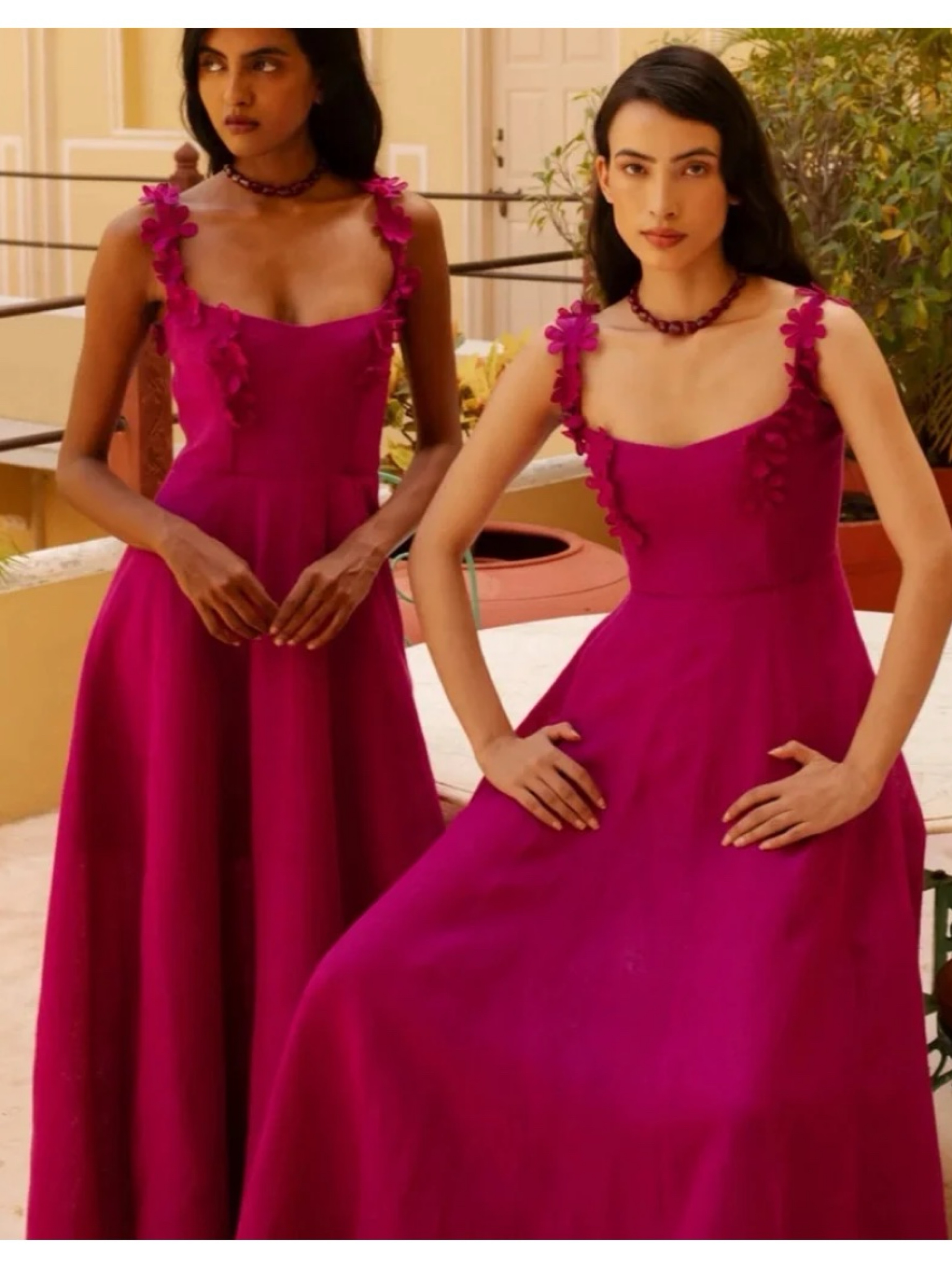 Del Castro Magenta Flower Linen Gown - M