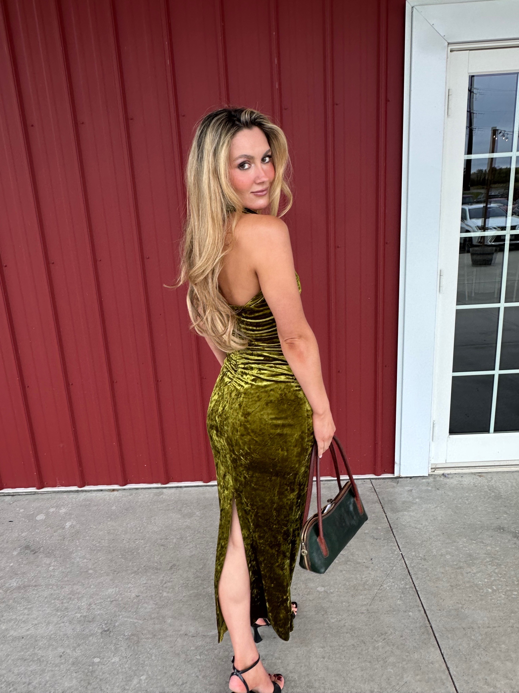 Zara Green Velvet Midi Dress With Scarf by Zara