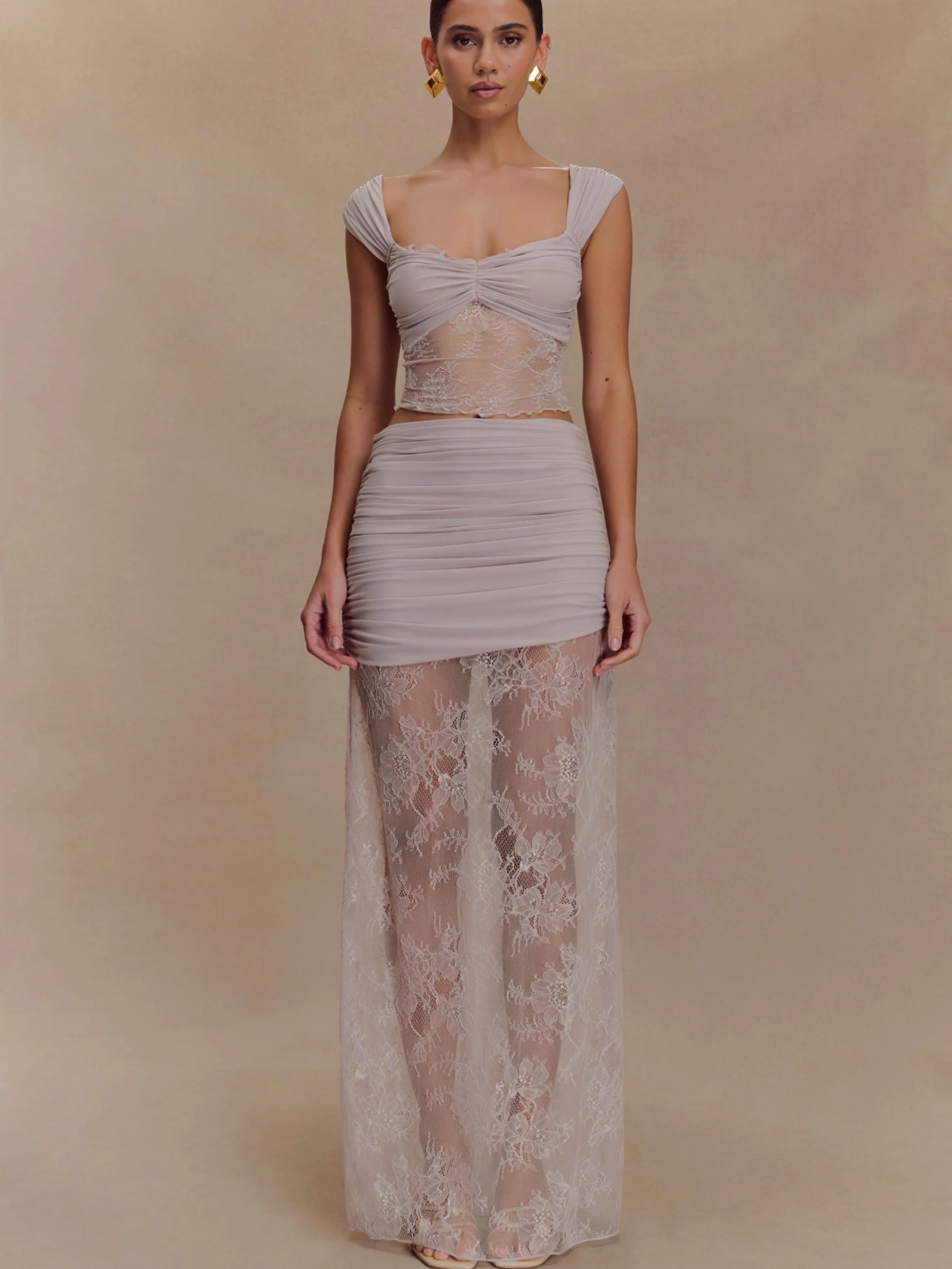 MESHKI Guinevere Lace And Mesh Skirt set- Lilac