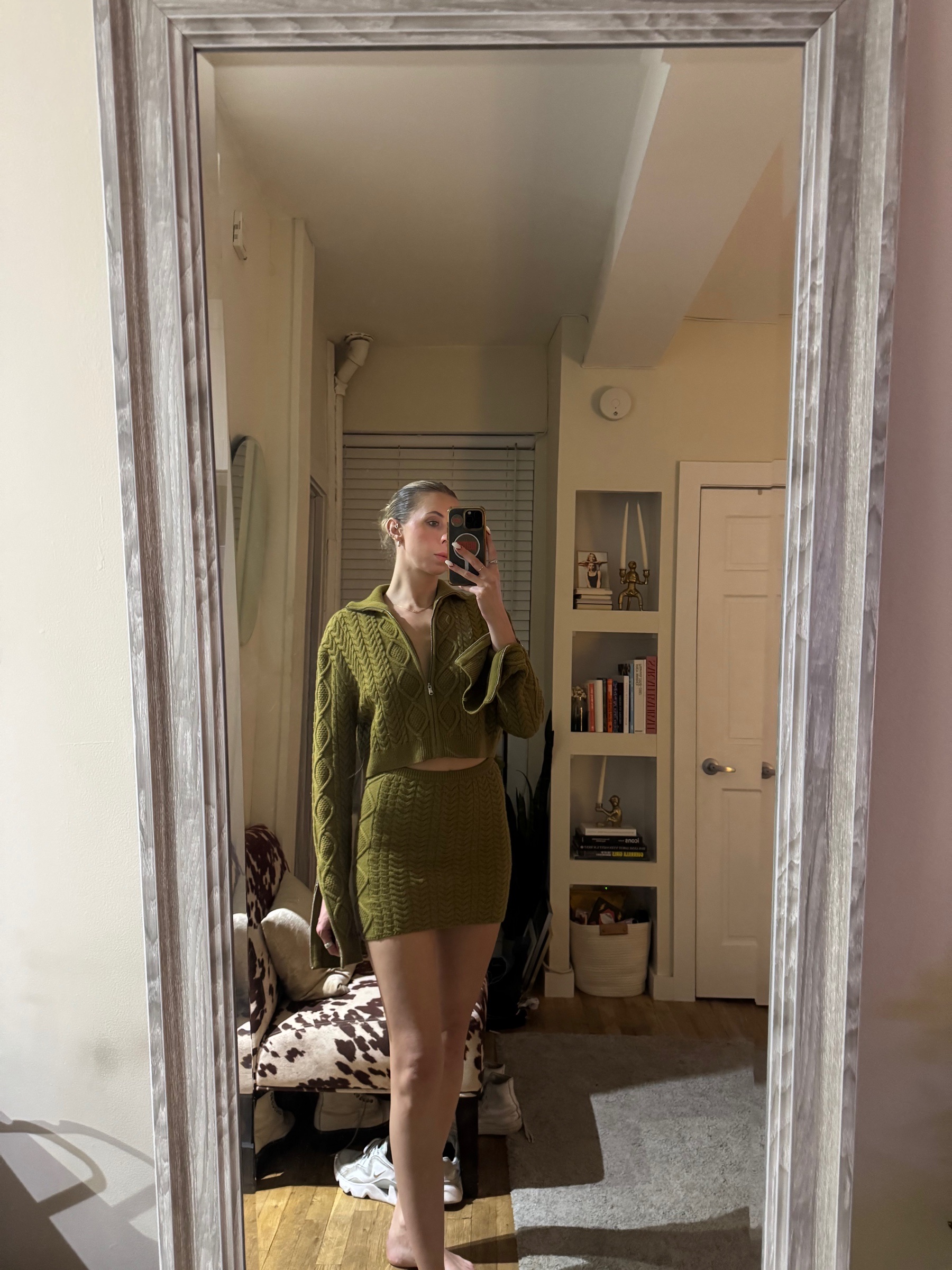 Guizio Olive Green Cable Knit Cardigan Sweater and Skirt Set by