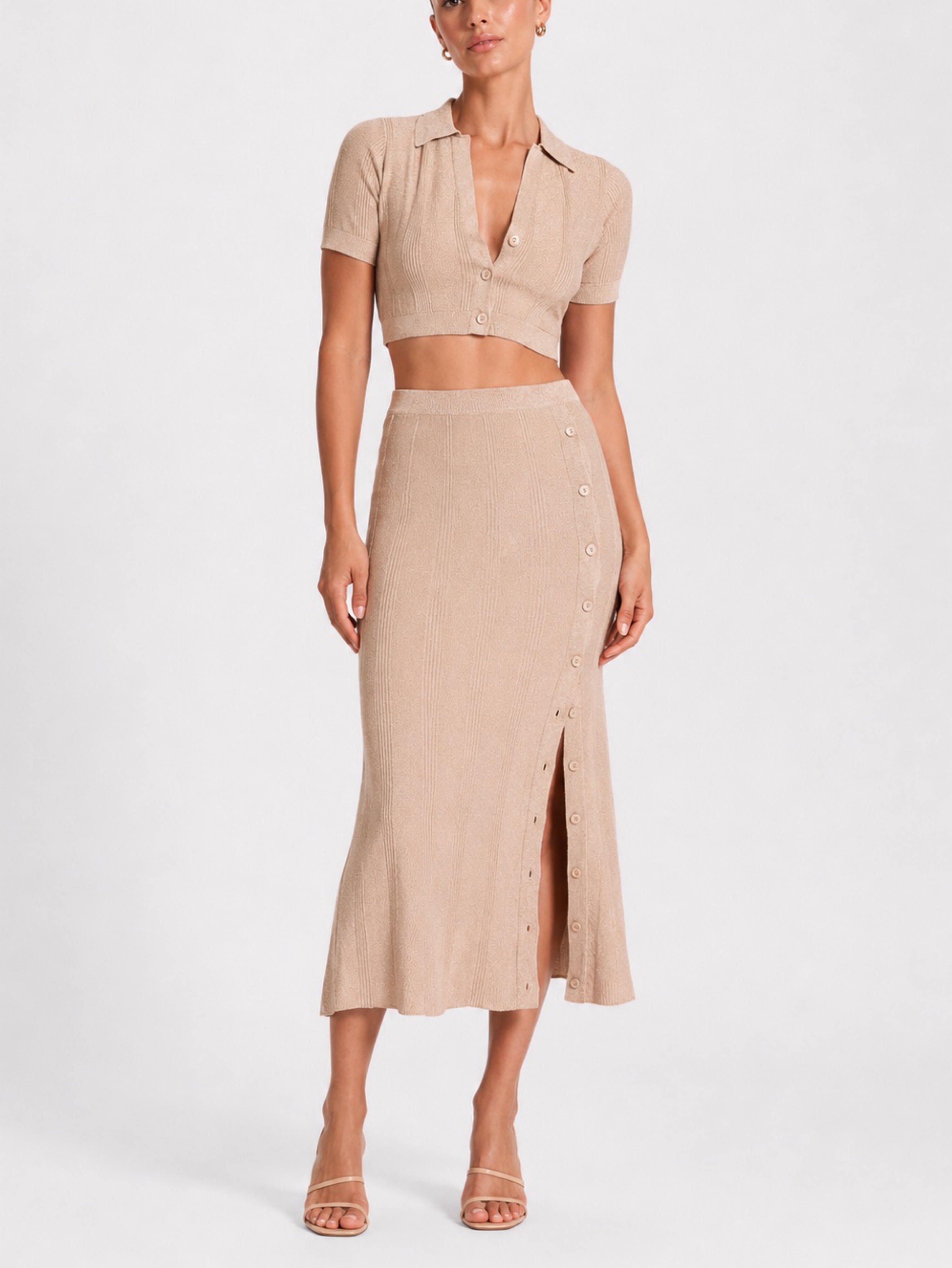 Devon Windsor Set. Beige Ribbed Knit Button Midi Skirt