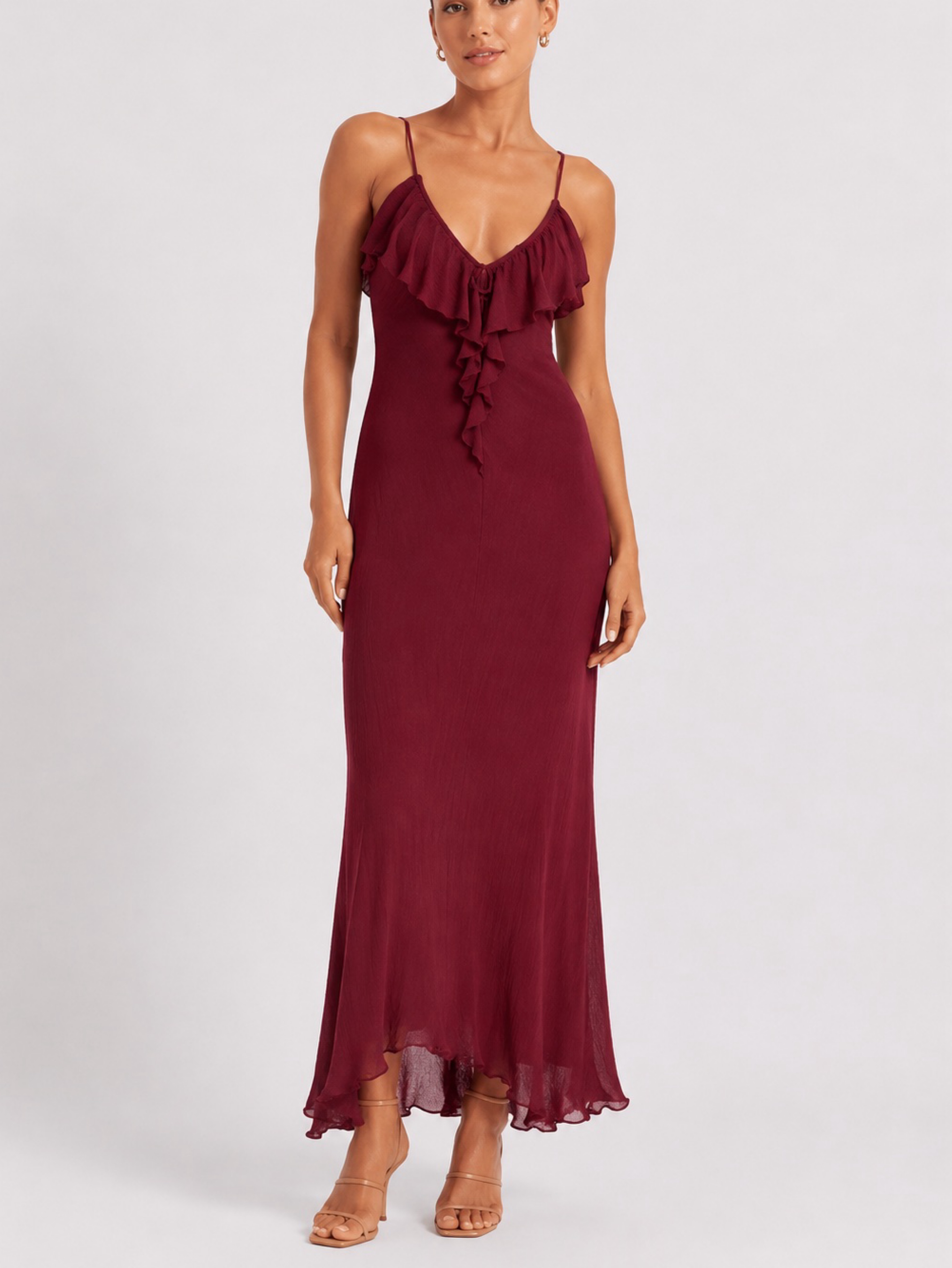 Burgundy Ruffle Slip Midi Dress