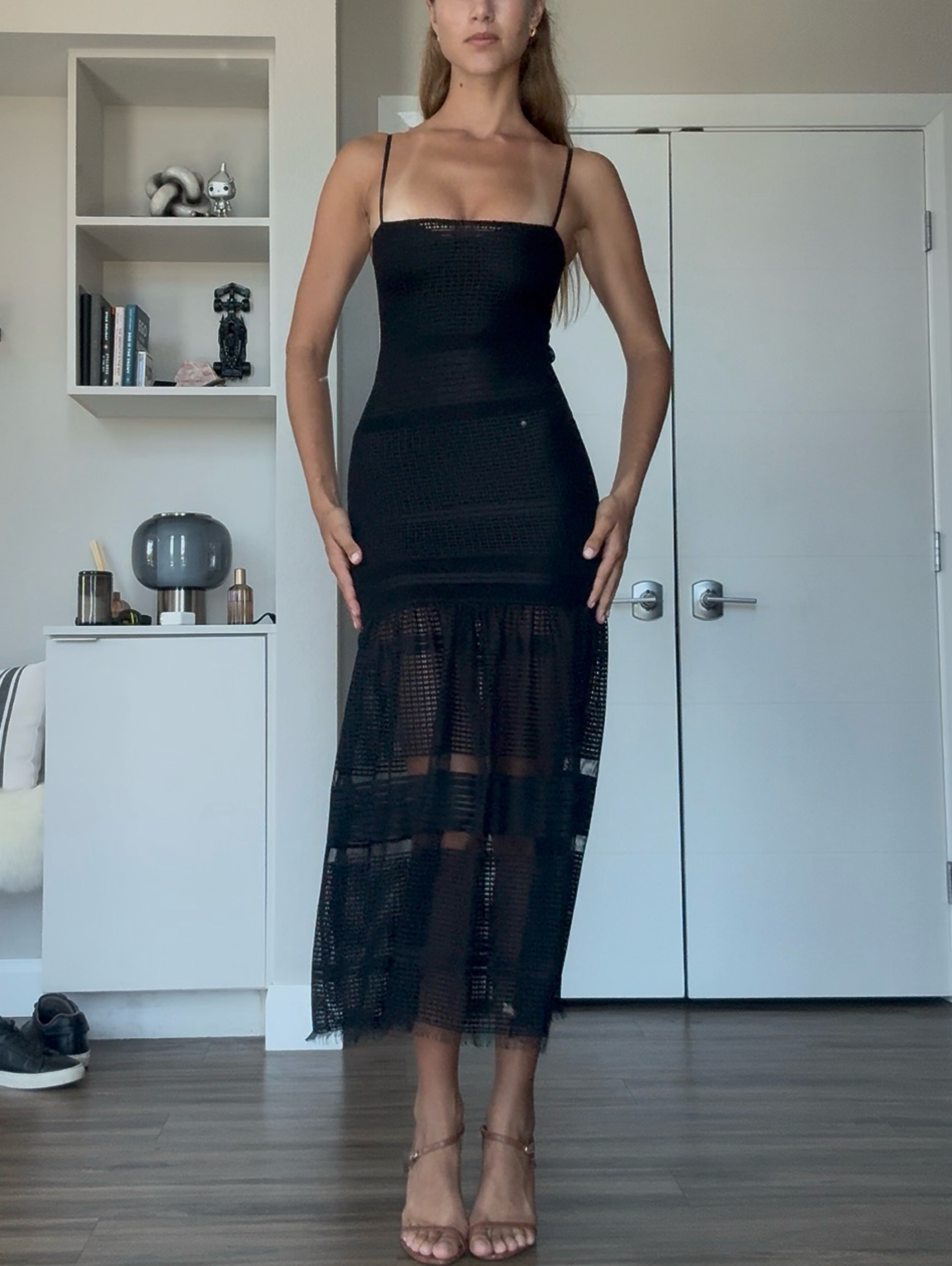 French Connection Black Mesh Midi Dress with Lace Trim