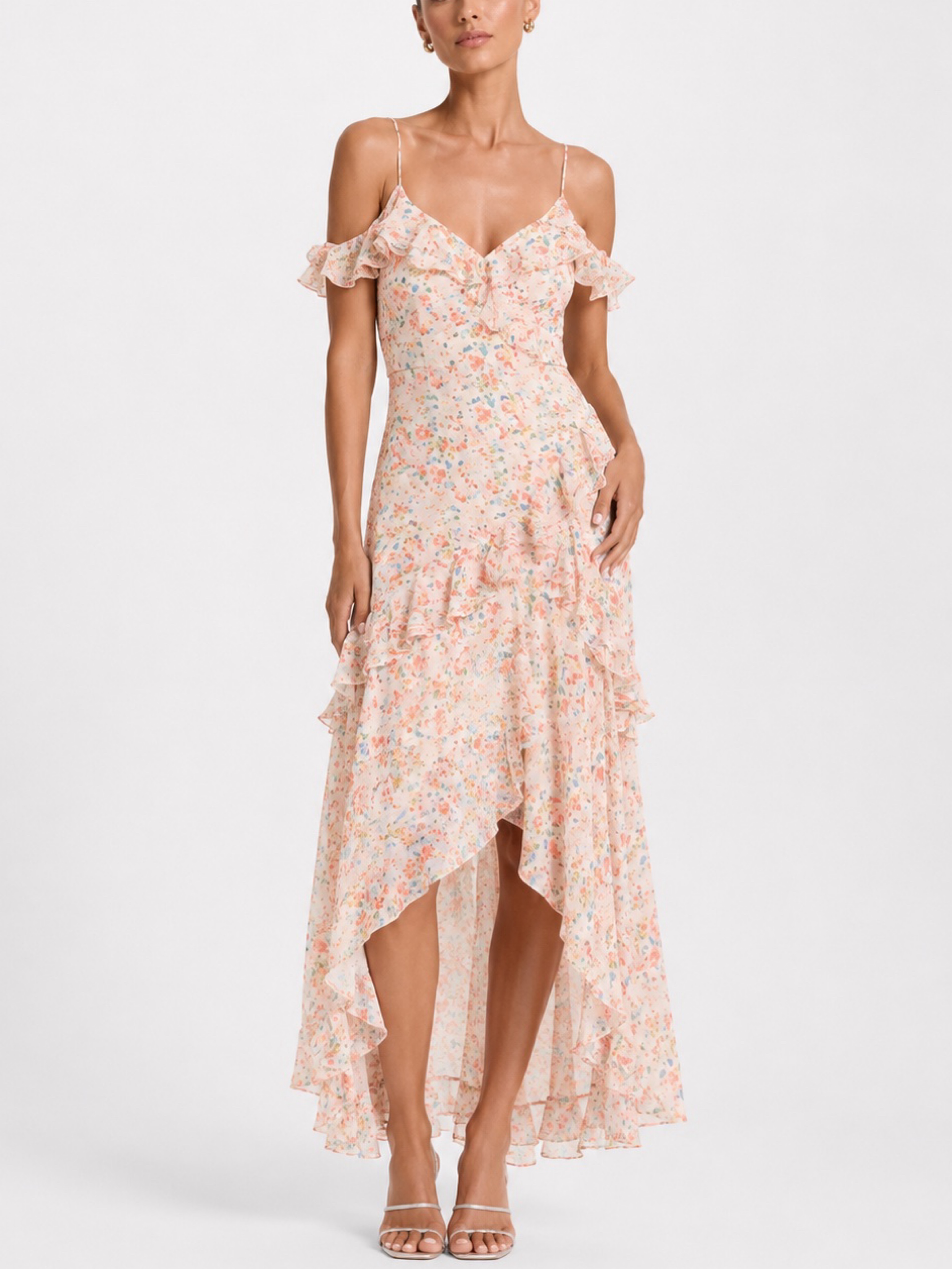 ASTR Floral Cold-Shoulder Ruffle Midi Dress