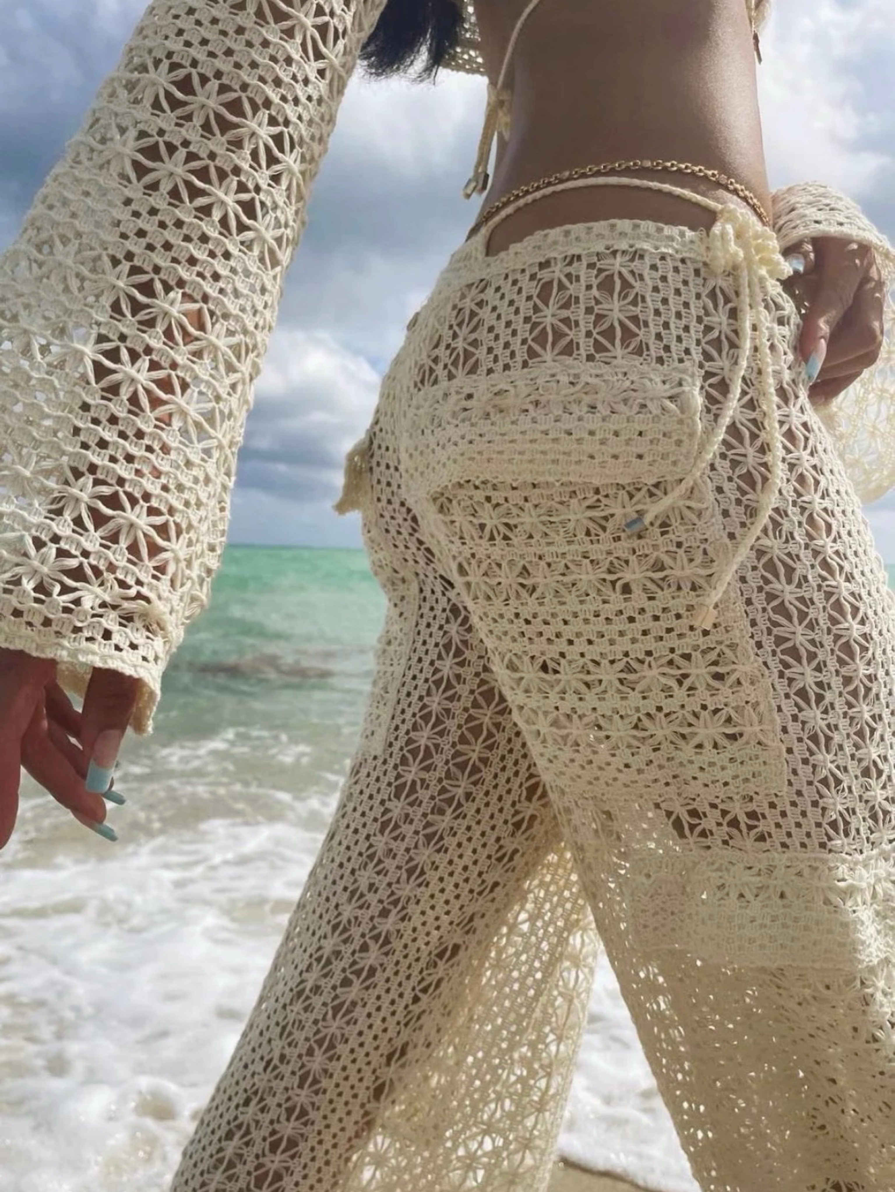 Cream Crochet Lace Pants (top available)