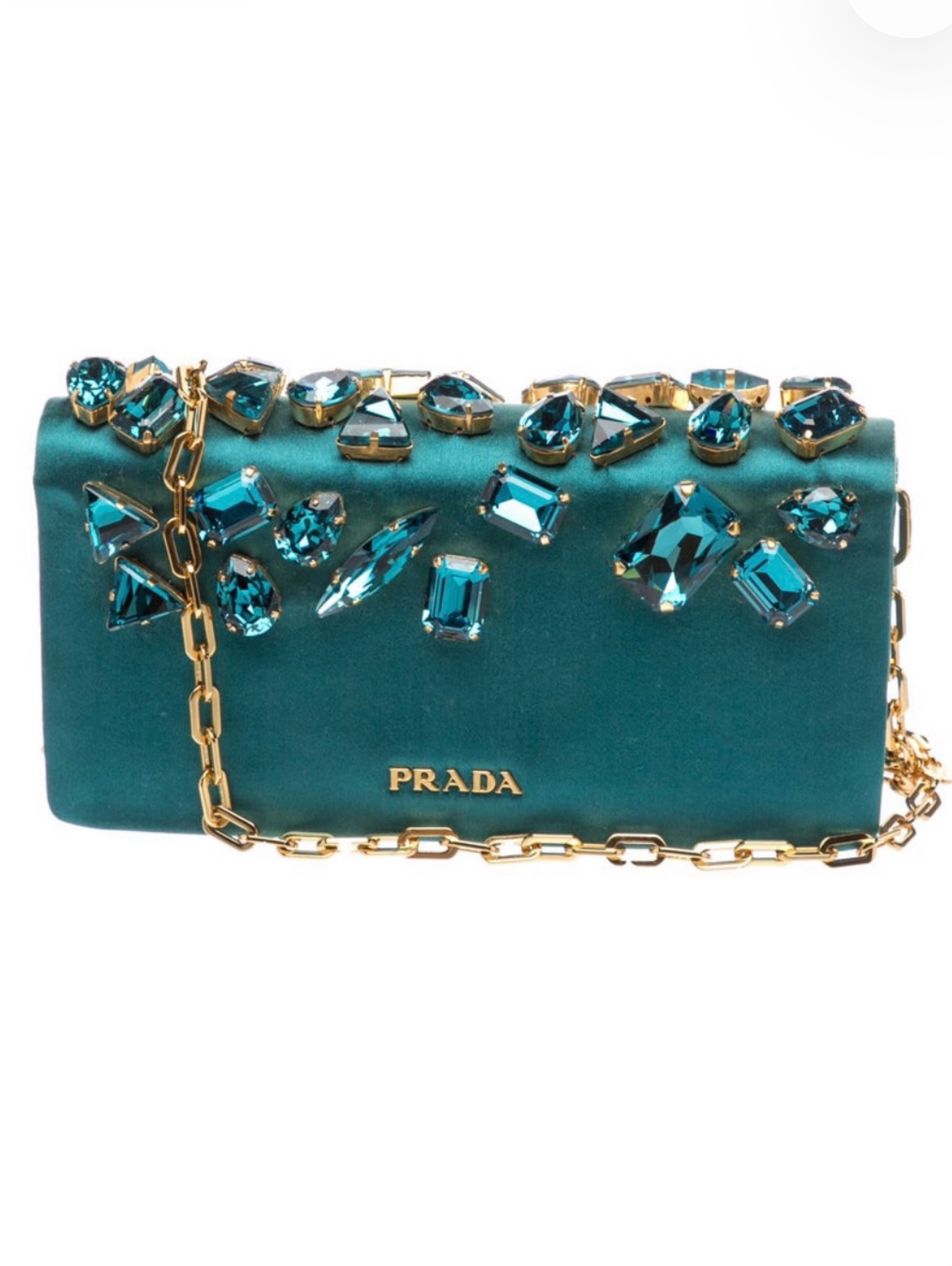 Prada Raso Pietre Embellished Clutch in Teal