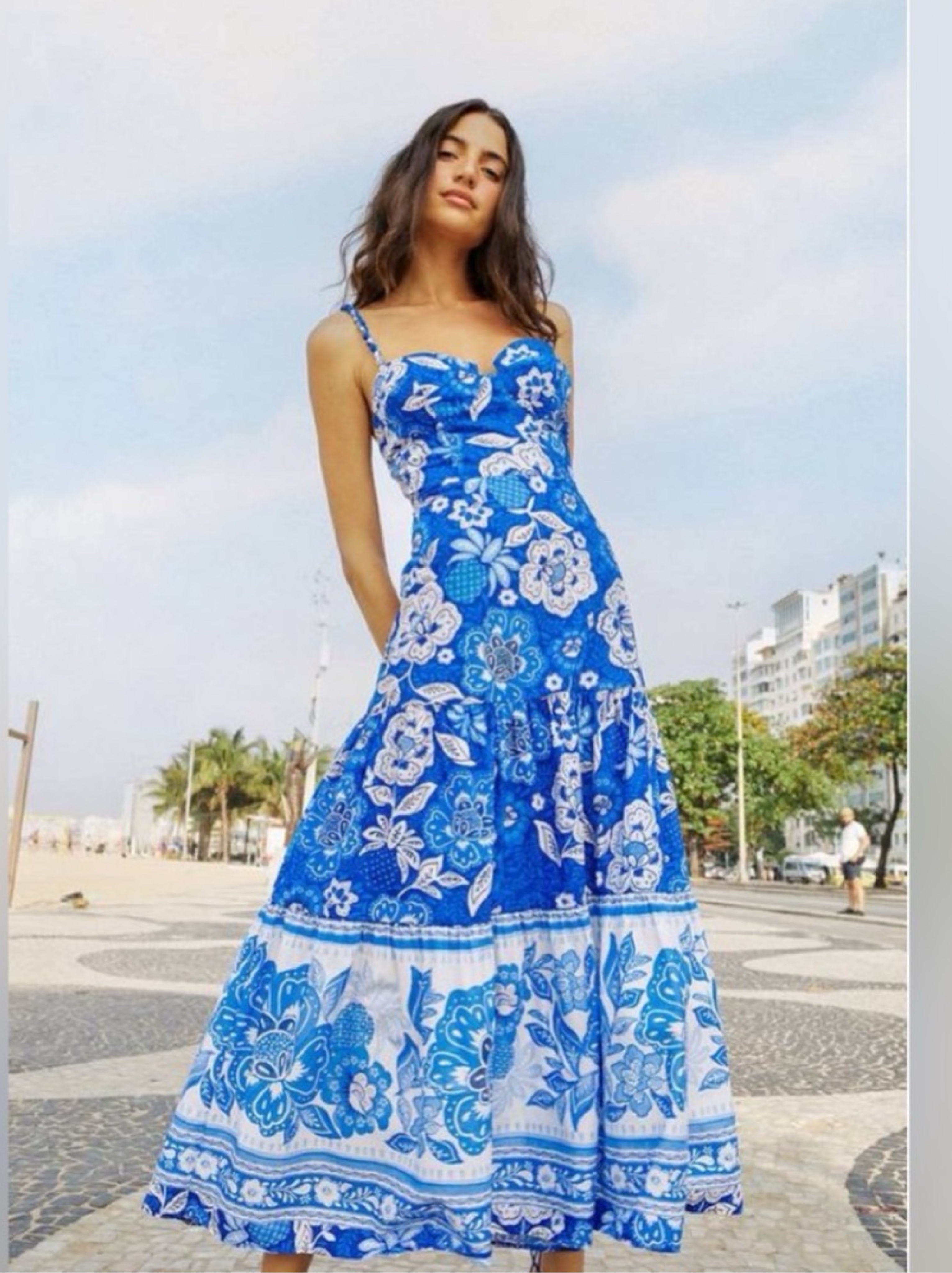 Farm Rio Blue White Floral Print Midi Dress
