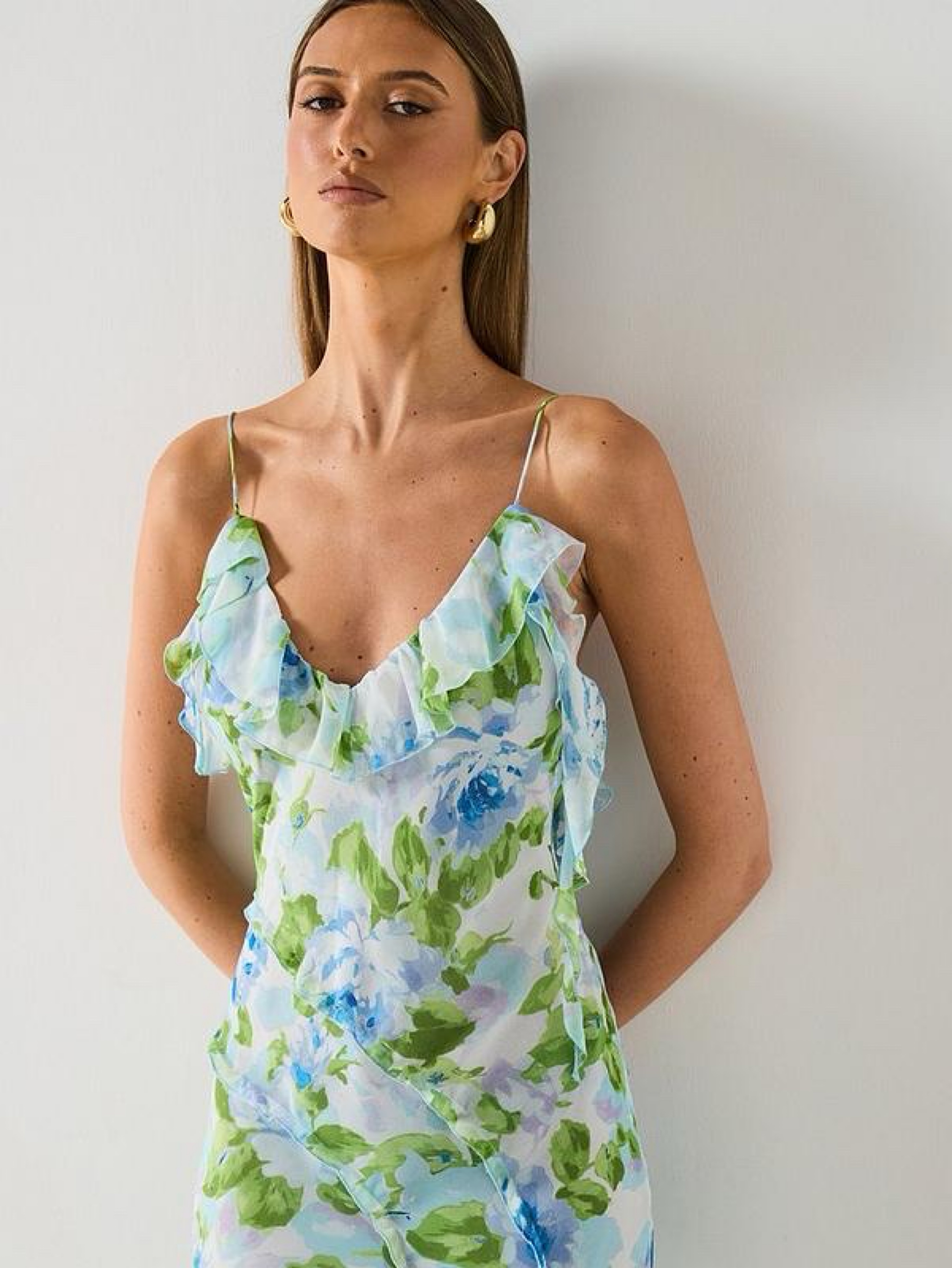 MANGO Blue & Green Floral Ruffle Dress by MANGO