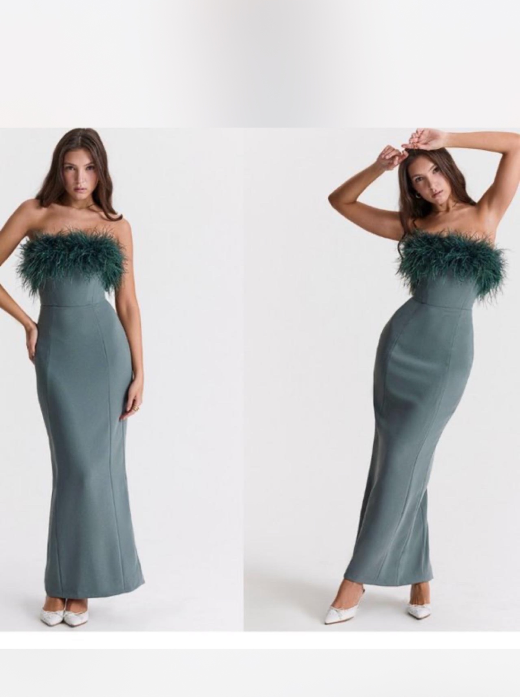 Sea green Feather Strapless Maxi Dress by House of CB