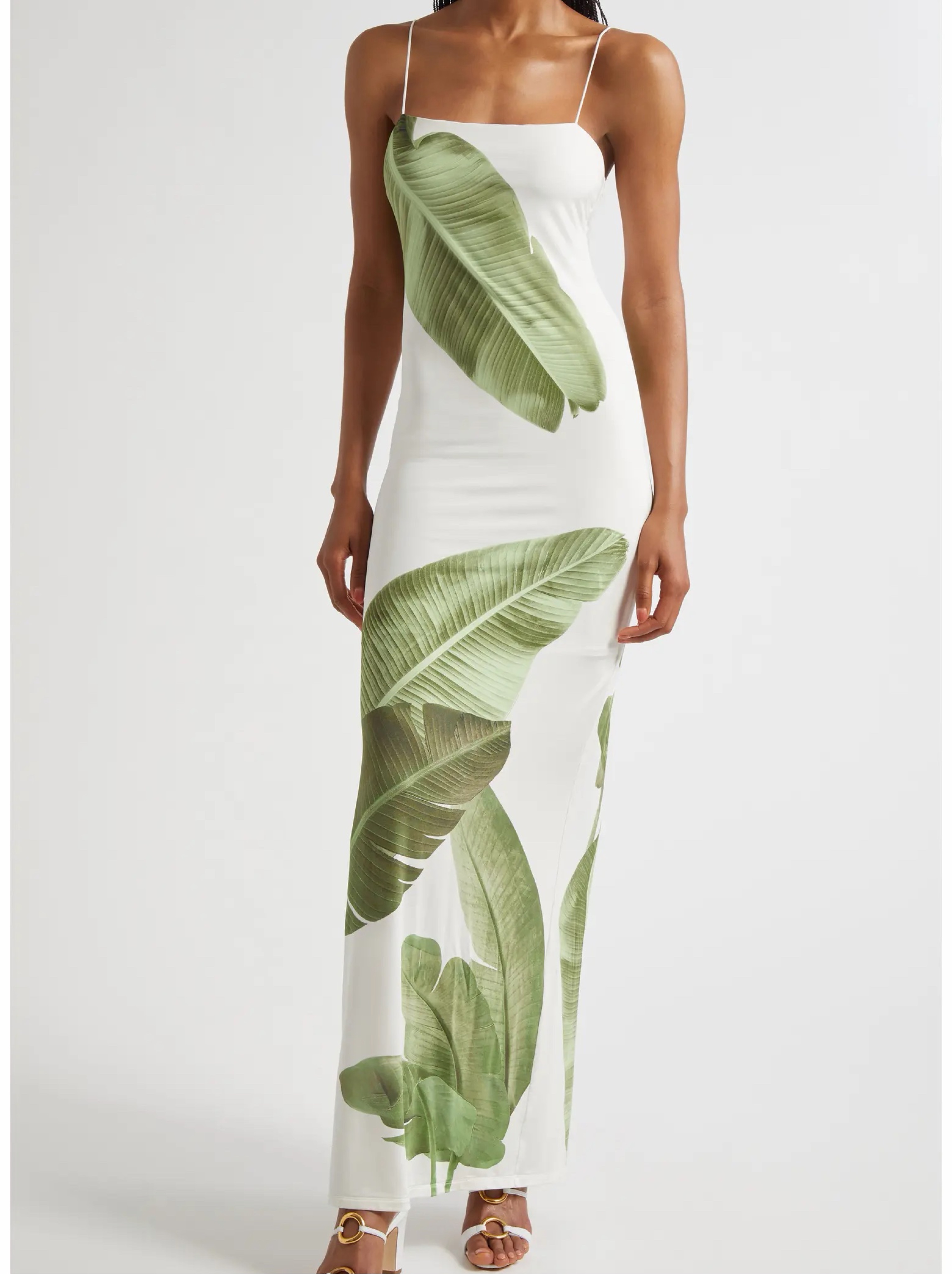 white maxi dress with green leaves White Dress With Green Leaves