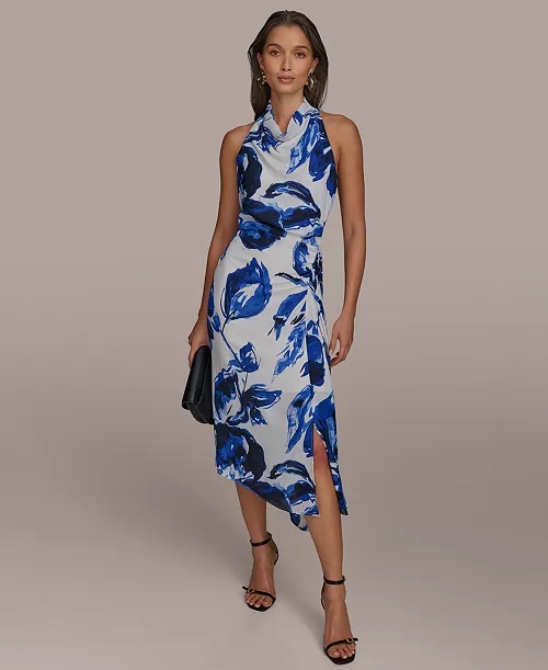 Gala Dress / Formal Dress Donna Karan Floral Blue, White and Black Cowl Neck Dress