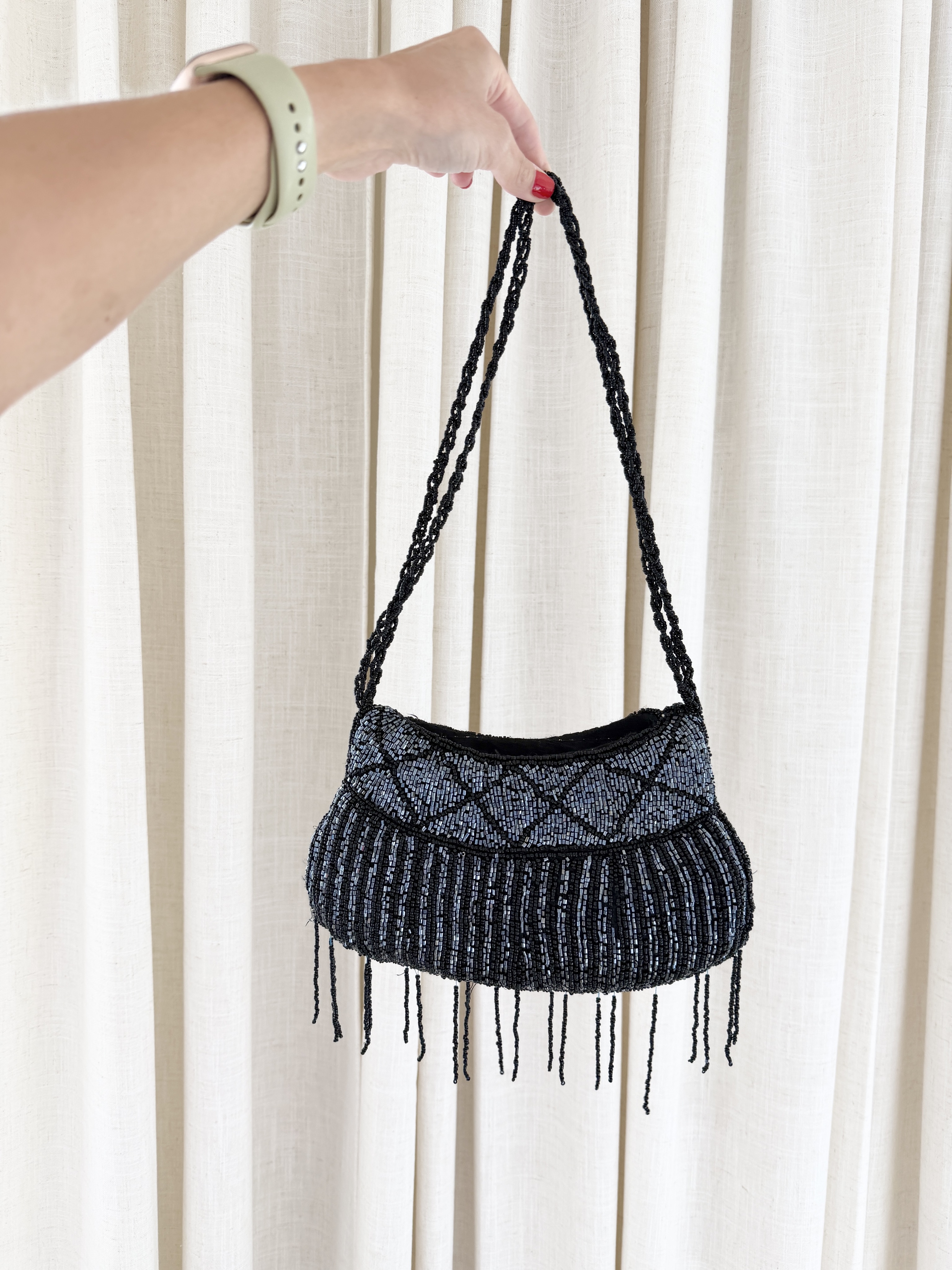 VINTAGE Black and Dark Grey Beaded Bag