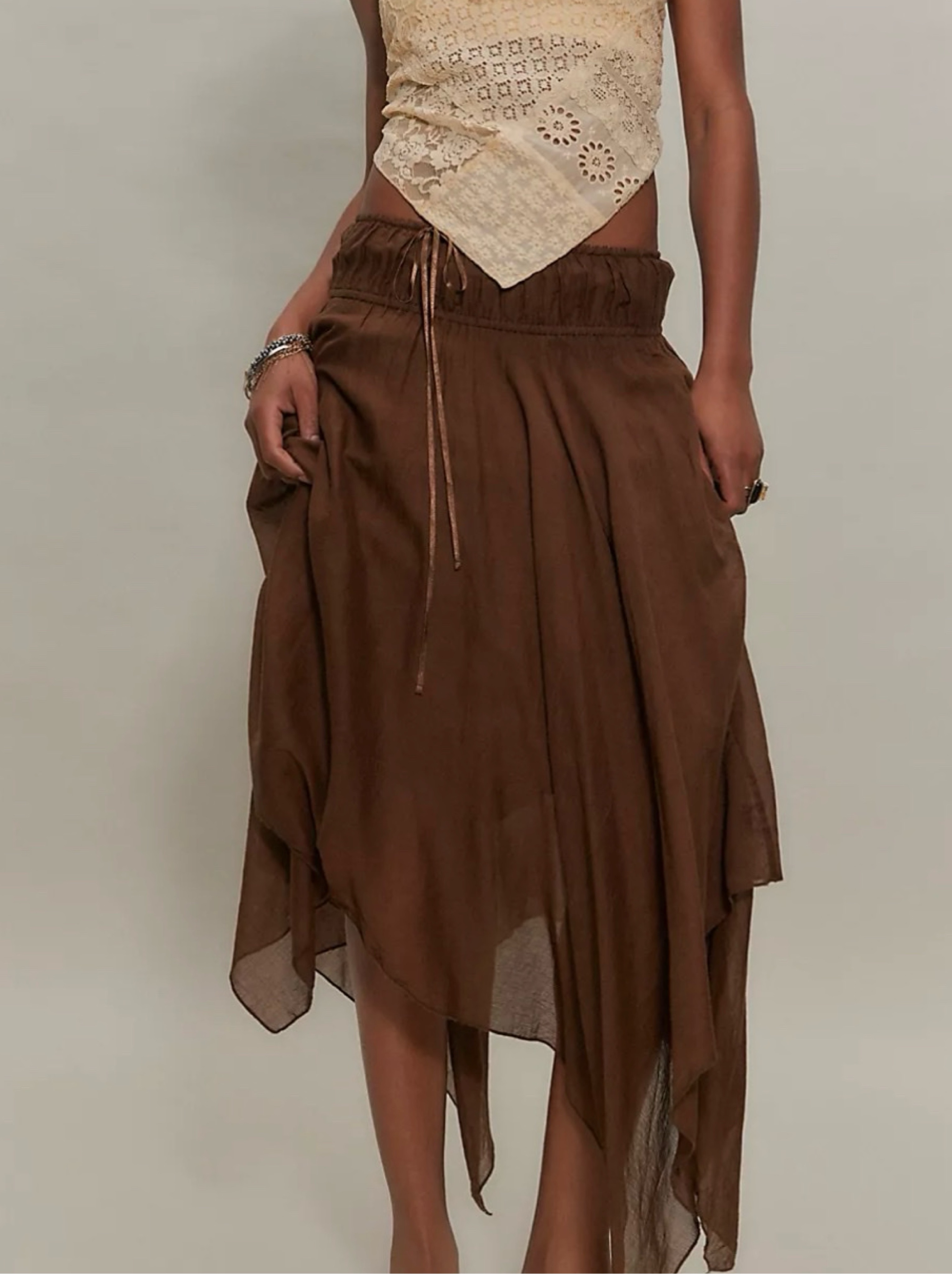 Brown Linen Handkerchief Midi Skirt