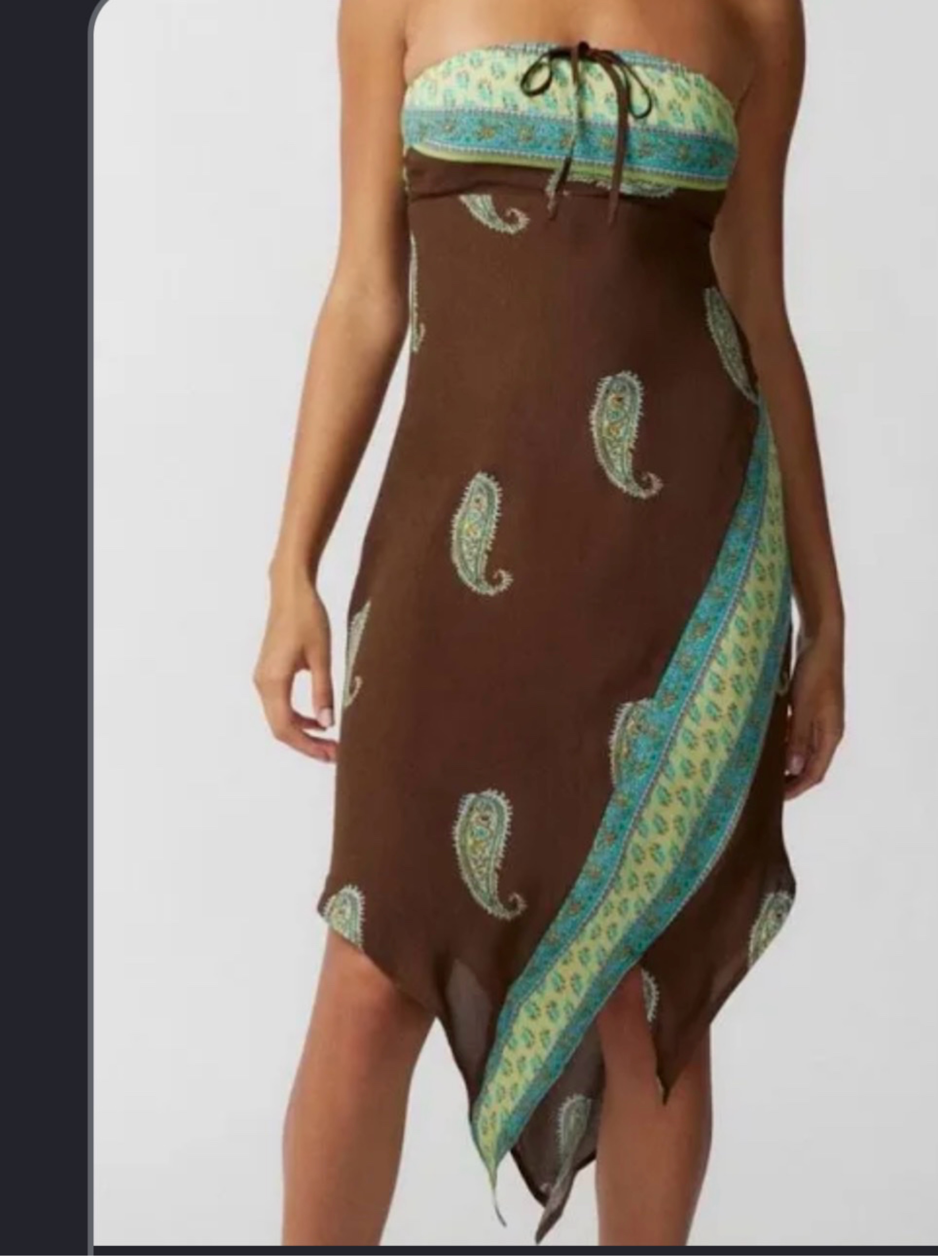 Brown Paisley Strapless Midi Dress
