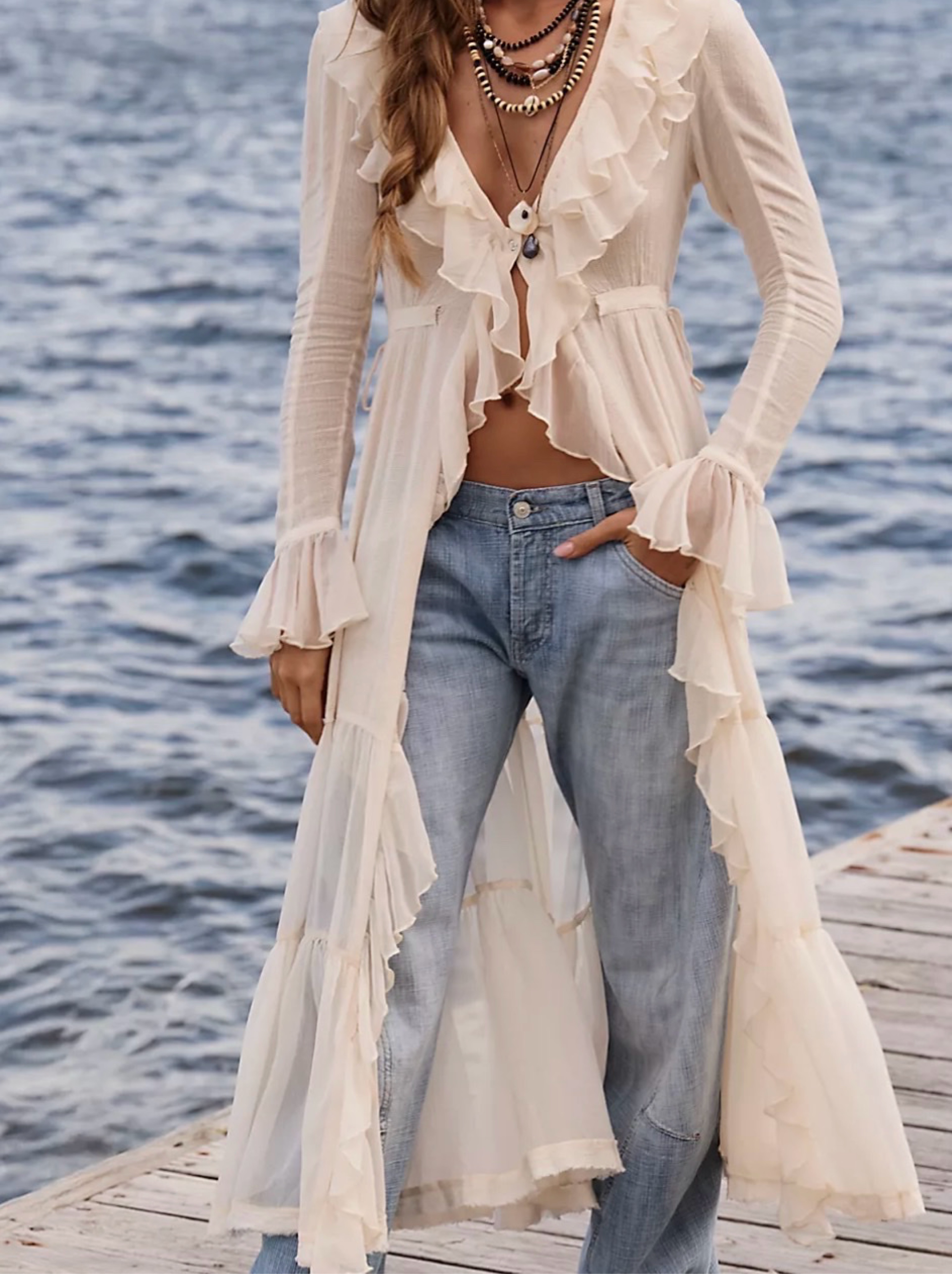 Cream Ruffle Long Gauze Dress