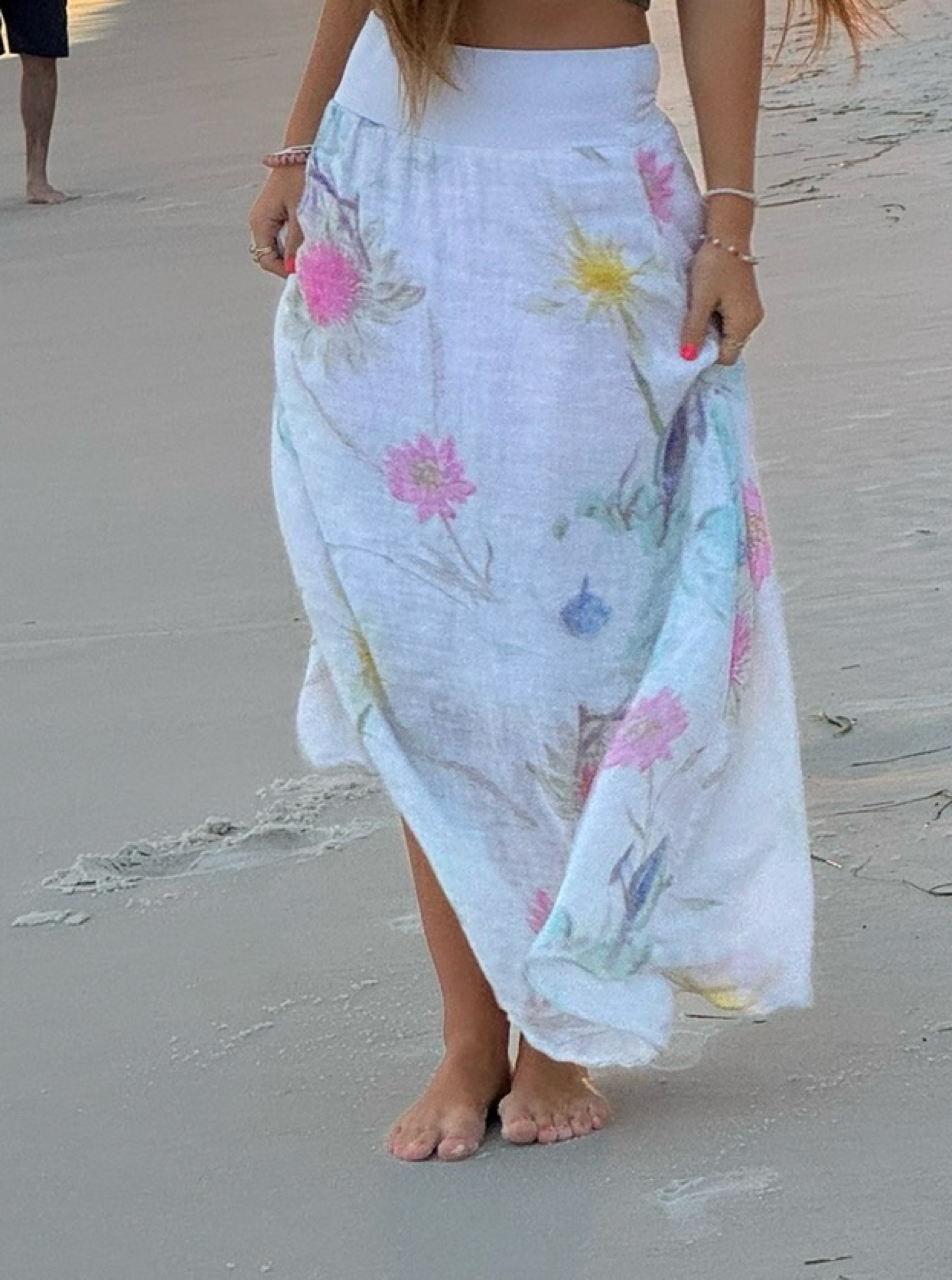 White Floral Print Linen Maxi Skirt