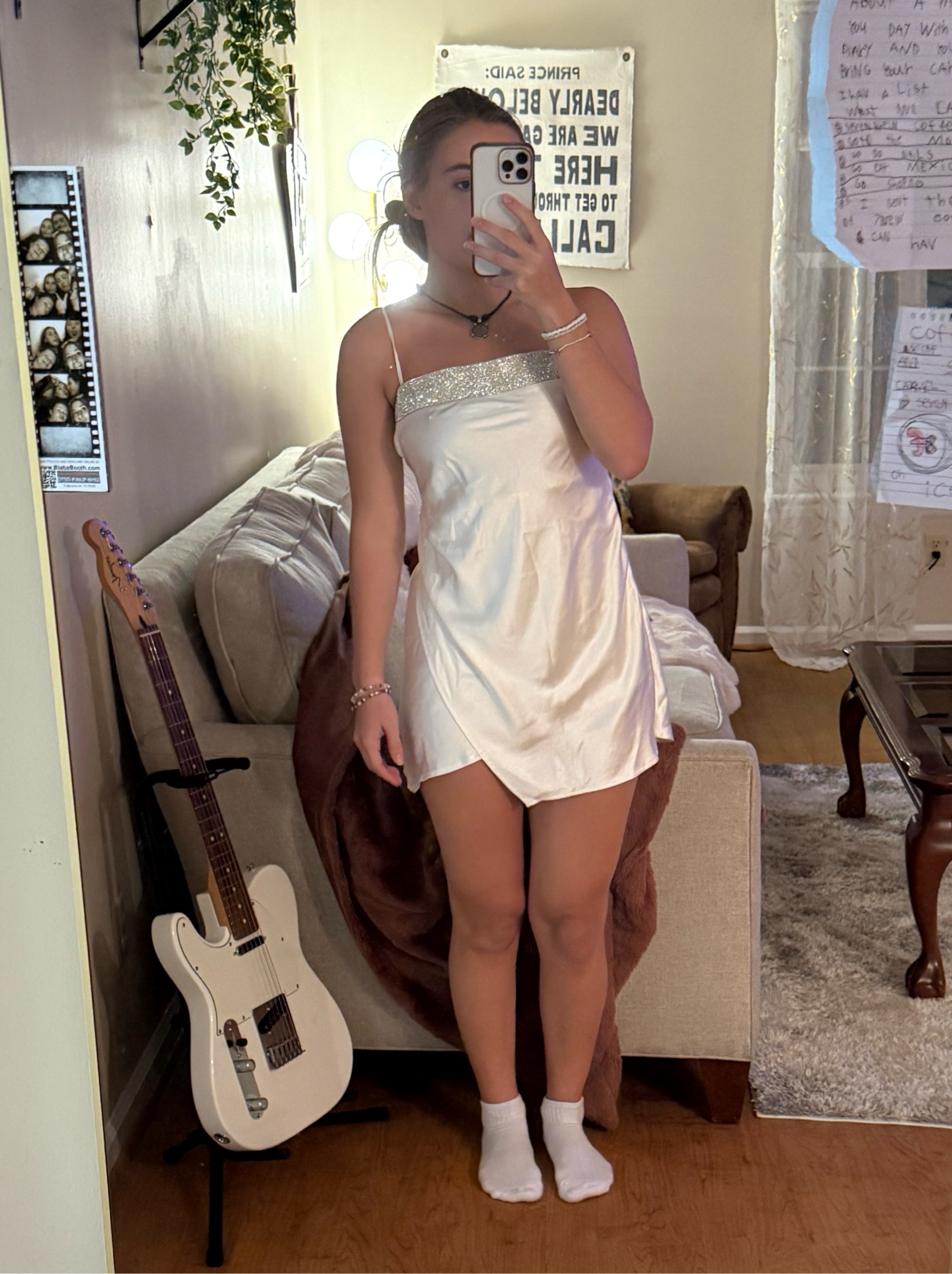 White Satin Mini Dress with Sequin Trim