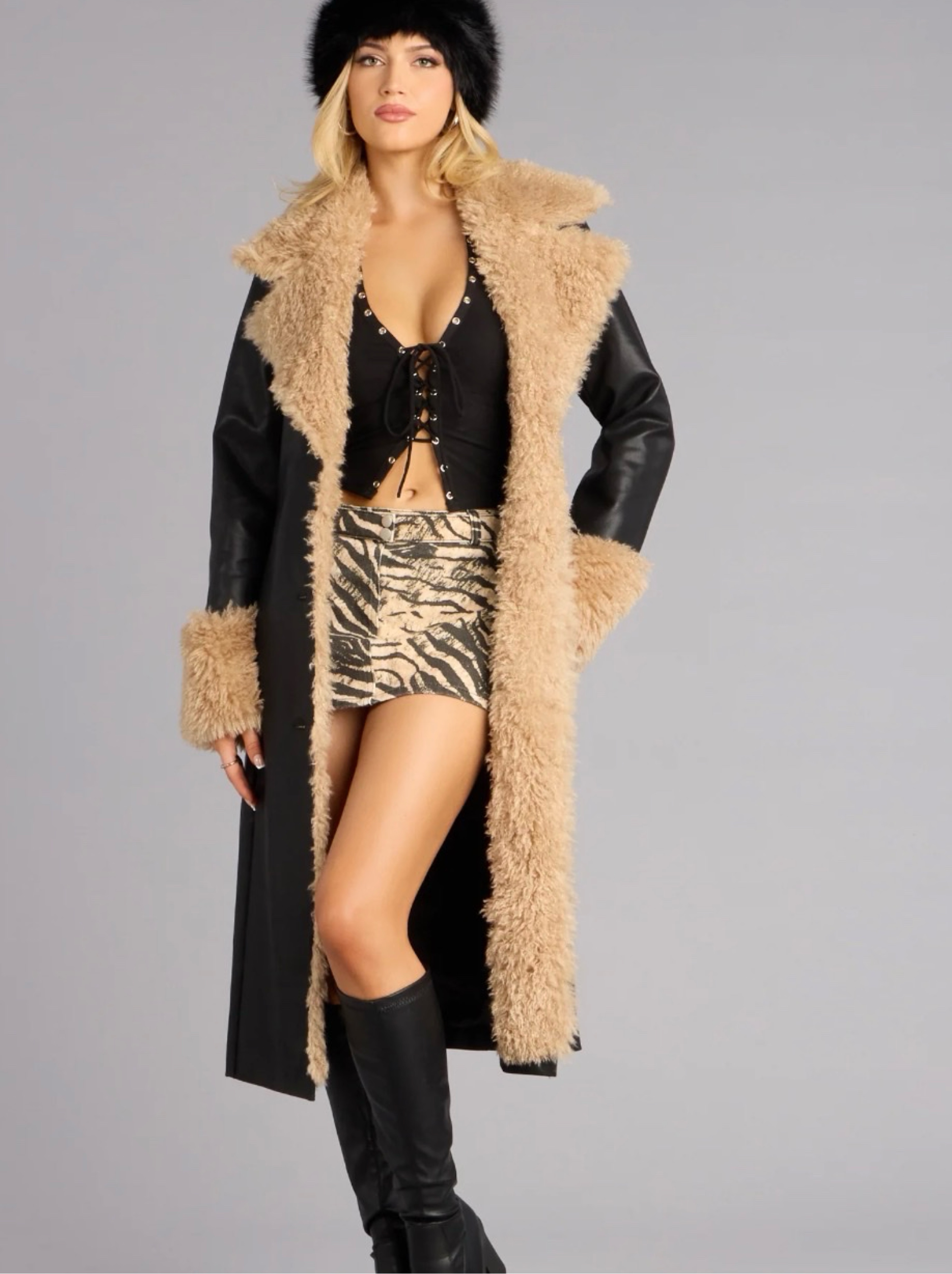 Black Leather Coat with Faux Fur Trim