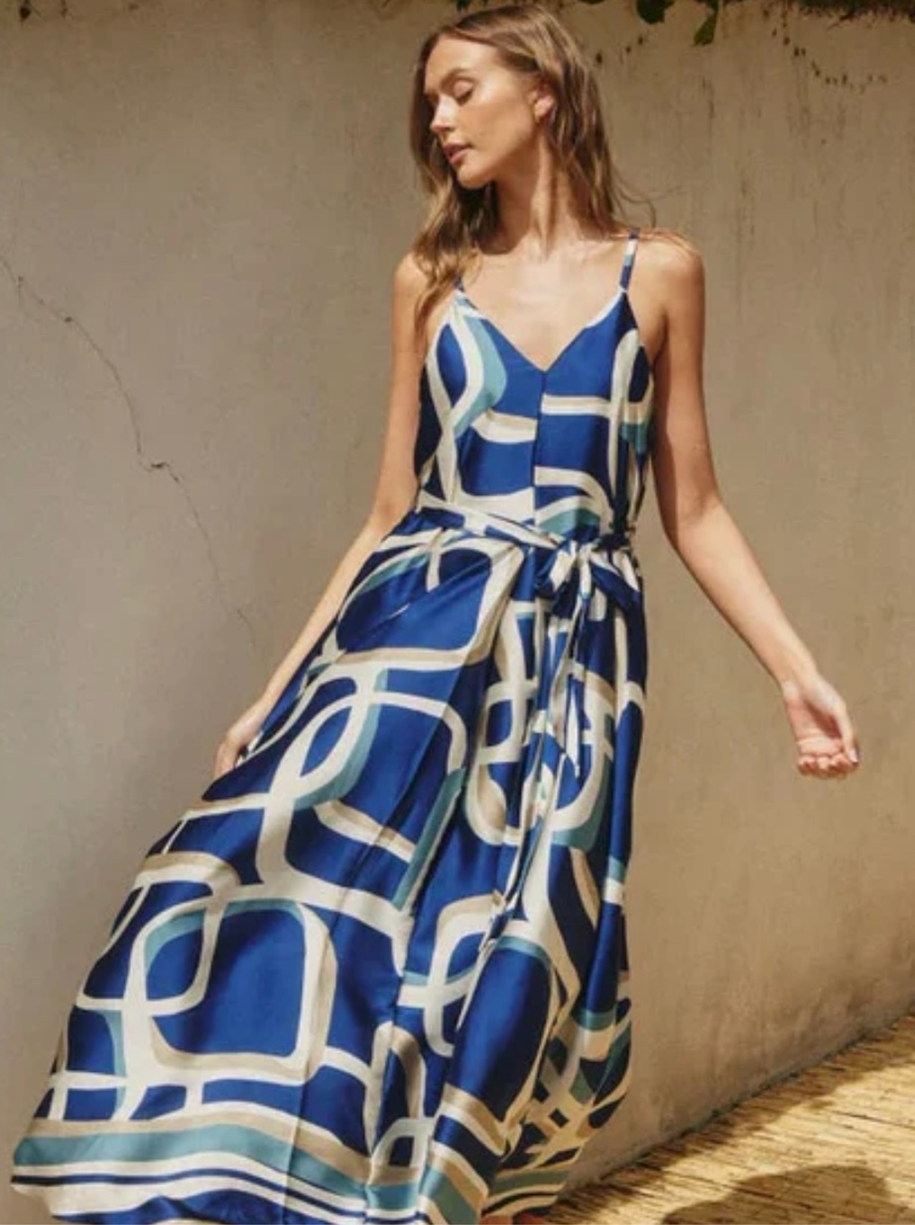 Navy Blue Geometric Print Maxi Dress