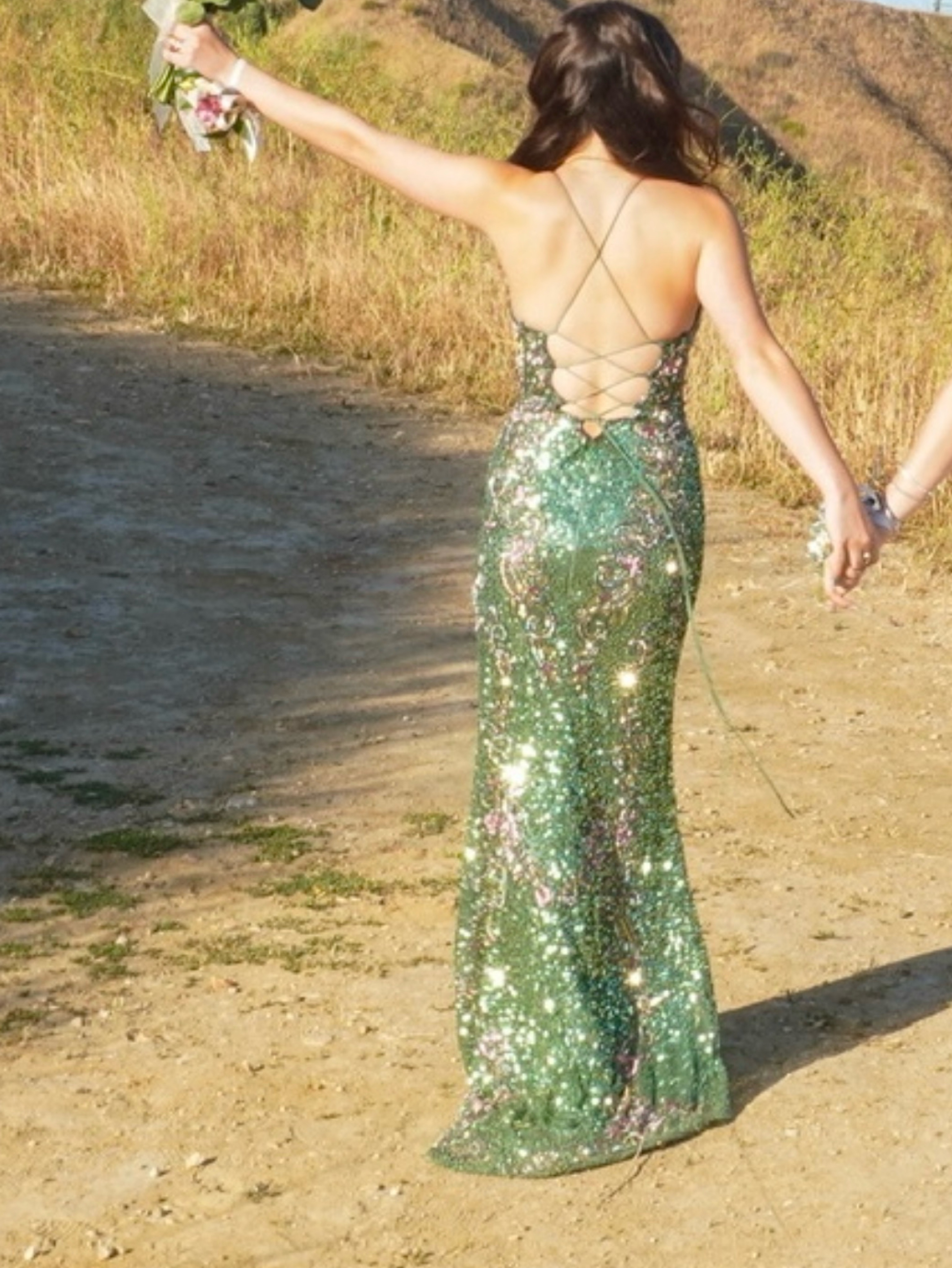 sage green sequin dress Mac Duggal Women's Beaded Cap Sleeve Ball Gown with Metallic Brocade Skirt - - Size 6 Featuring stylish puff sleeves Primavera Couture 4142 - Long